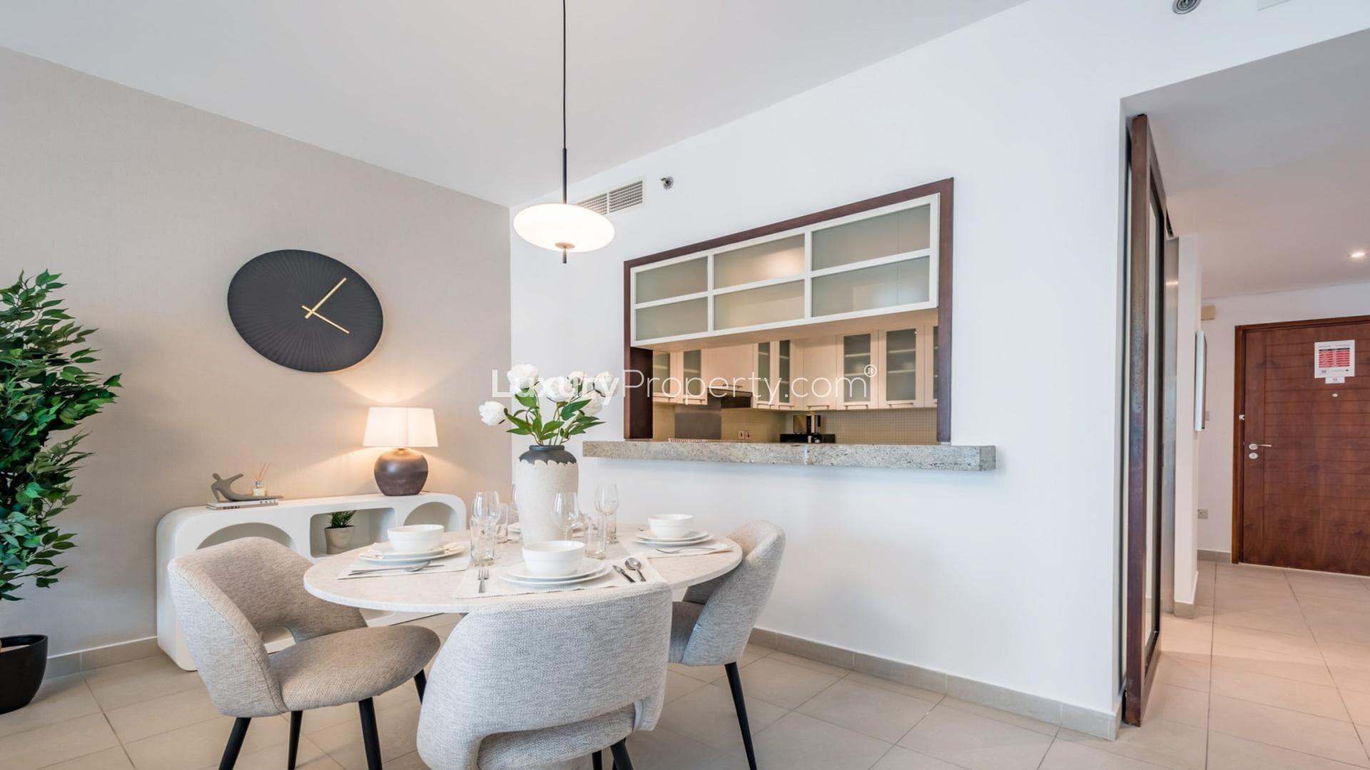 Balcony view from Boulevard Central Towers apartment in Downtown Dubai with city skyline