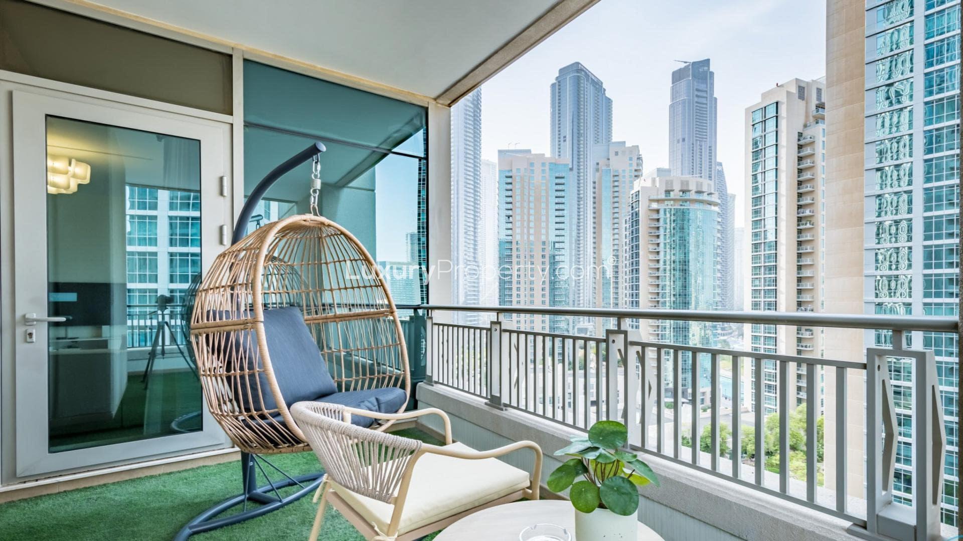 Modern living room in Boulevard Central Towers apartment, Downtown Dubai, with city view