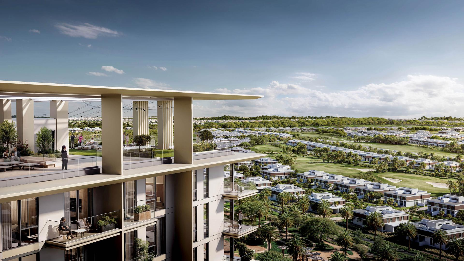 Luxurious living room in Dubai Hills Estate Club Place apartment with scenic views