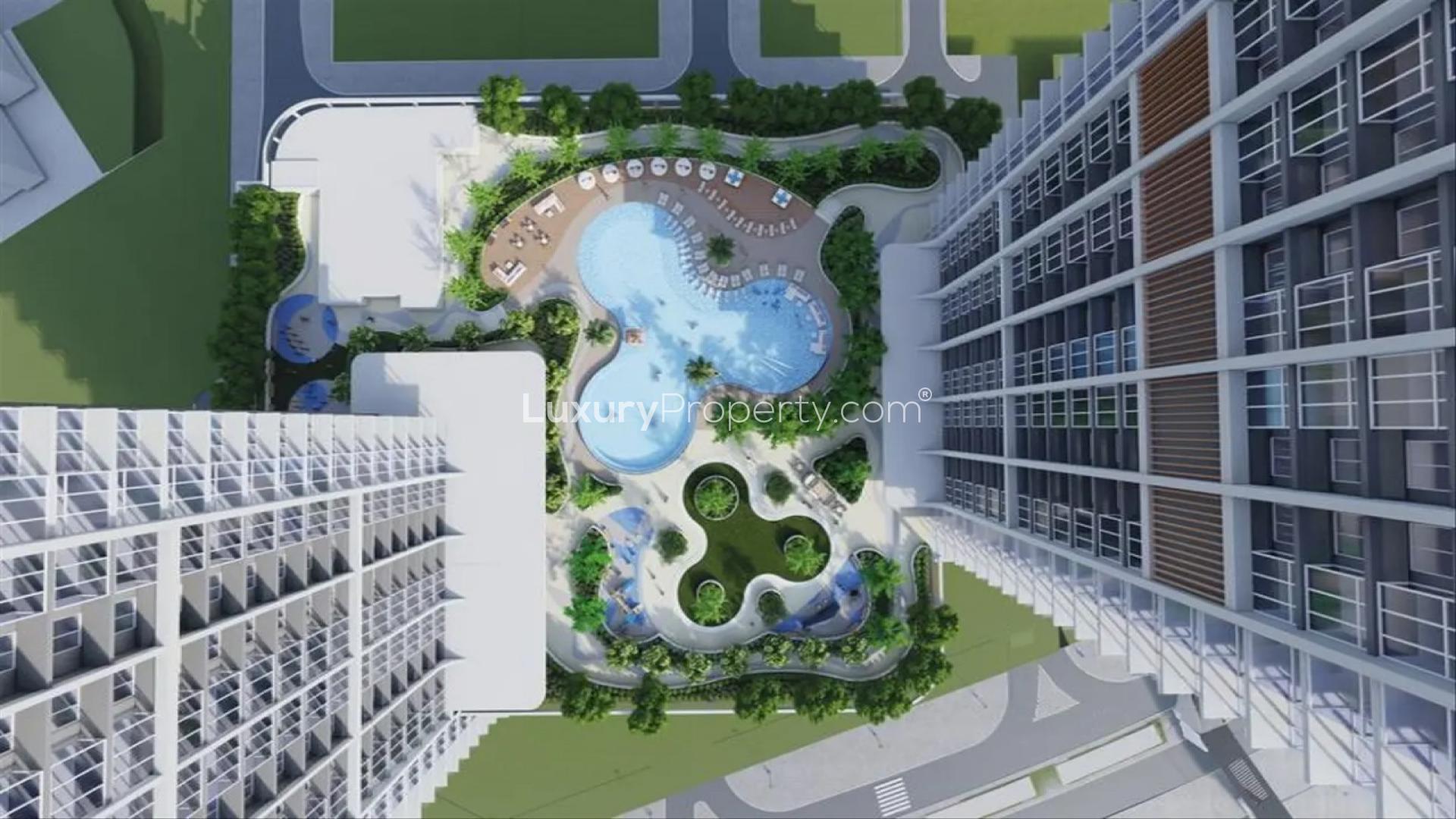 Exterior view of Sobha Creek Vista Heights apartment towers in Mohammed Bin Rashid City