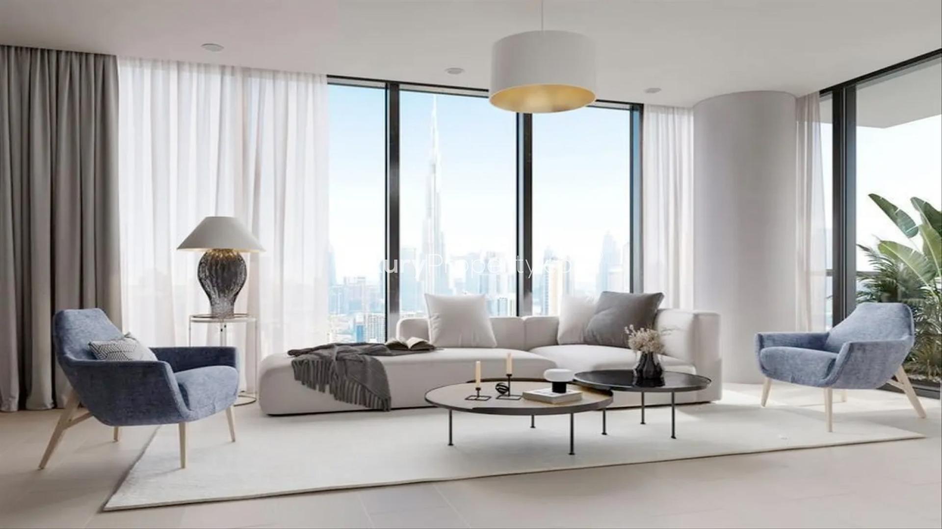 Modern living room in Sobha Creek Vista Heights, featuring elegant furniture and city views