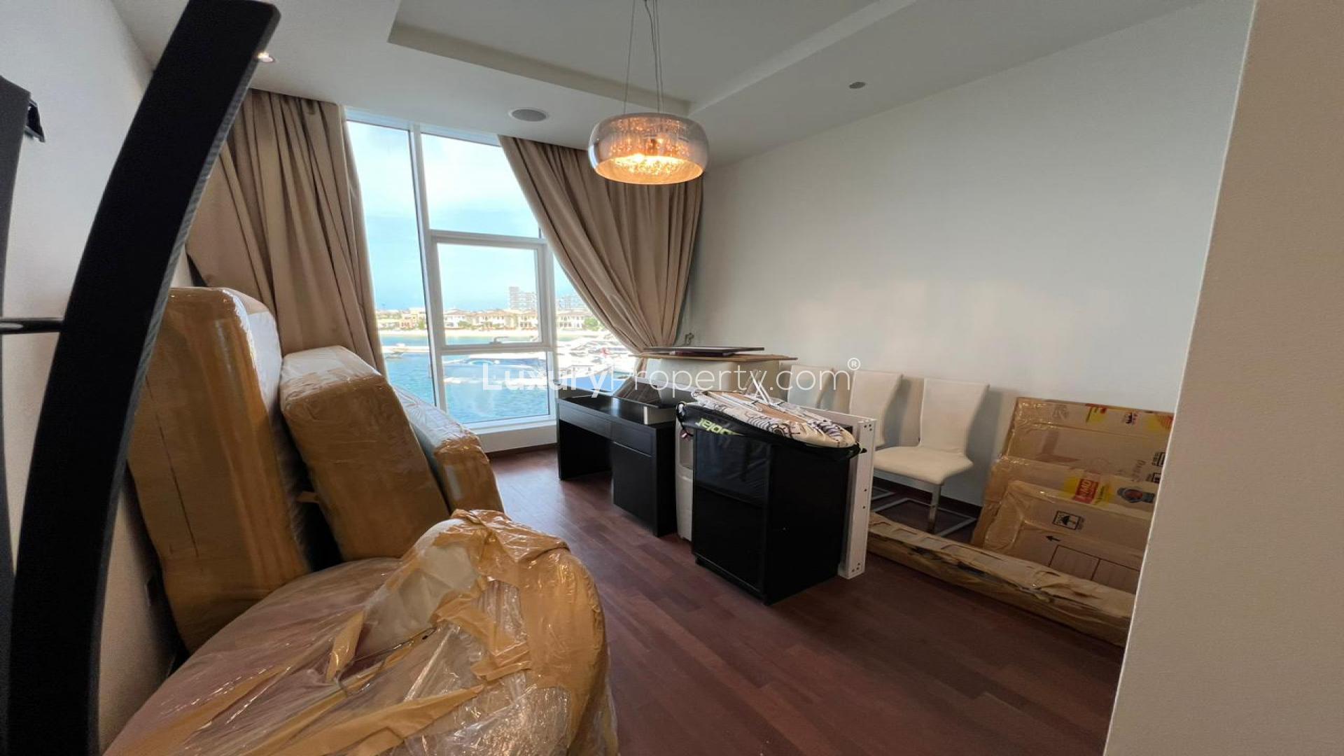 Modern kitchen and bedroom view in Tiara Residences apartment, Palm Jumeirah