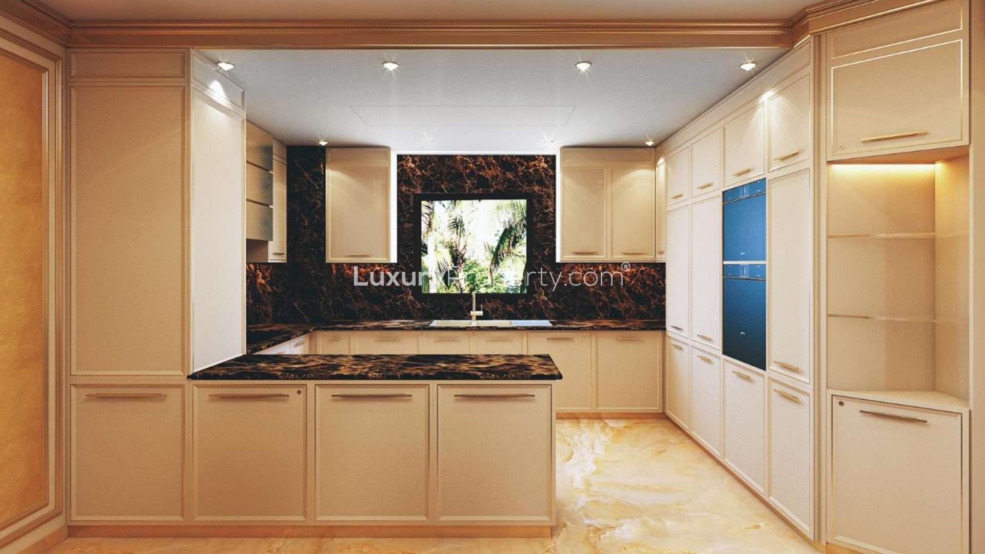 Furnished renovated apartment interior with sofa, desk, and cabinets in Old Town Island