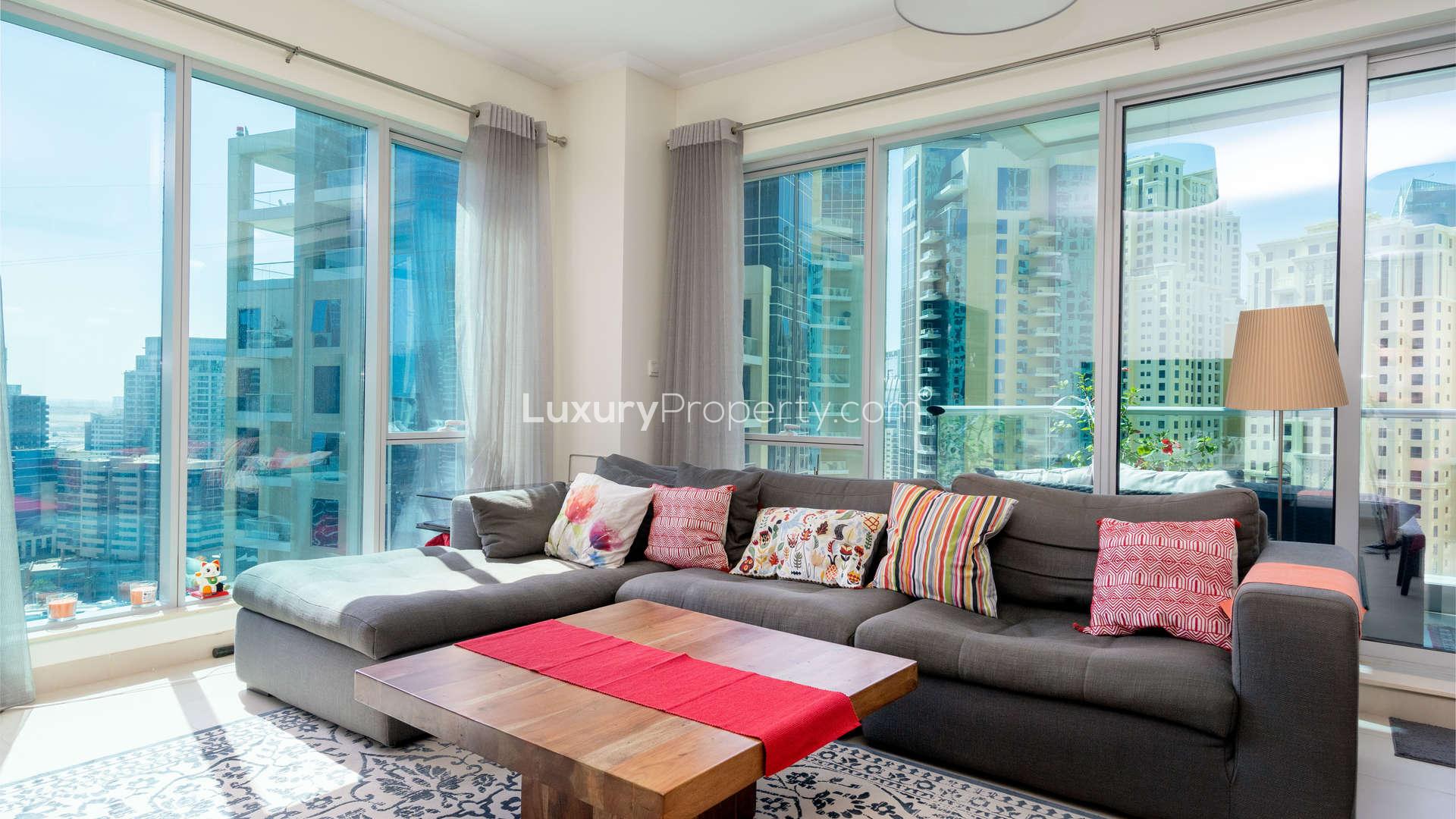 Luxurious living room with marina view in Attessa Tower, Dubai Marina apartment for sale