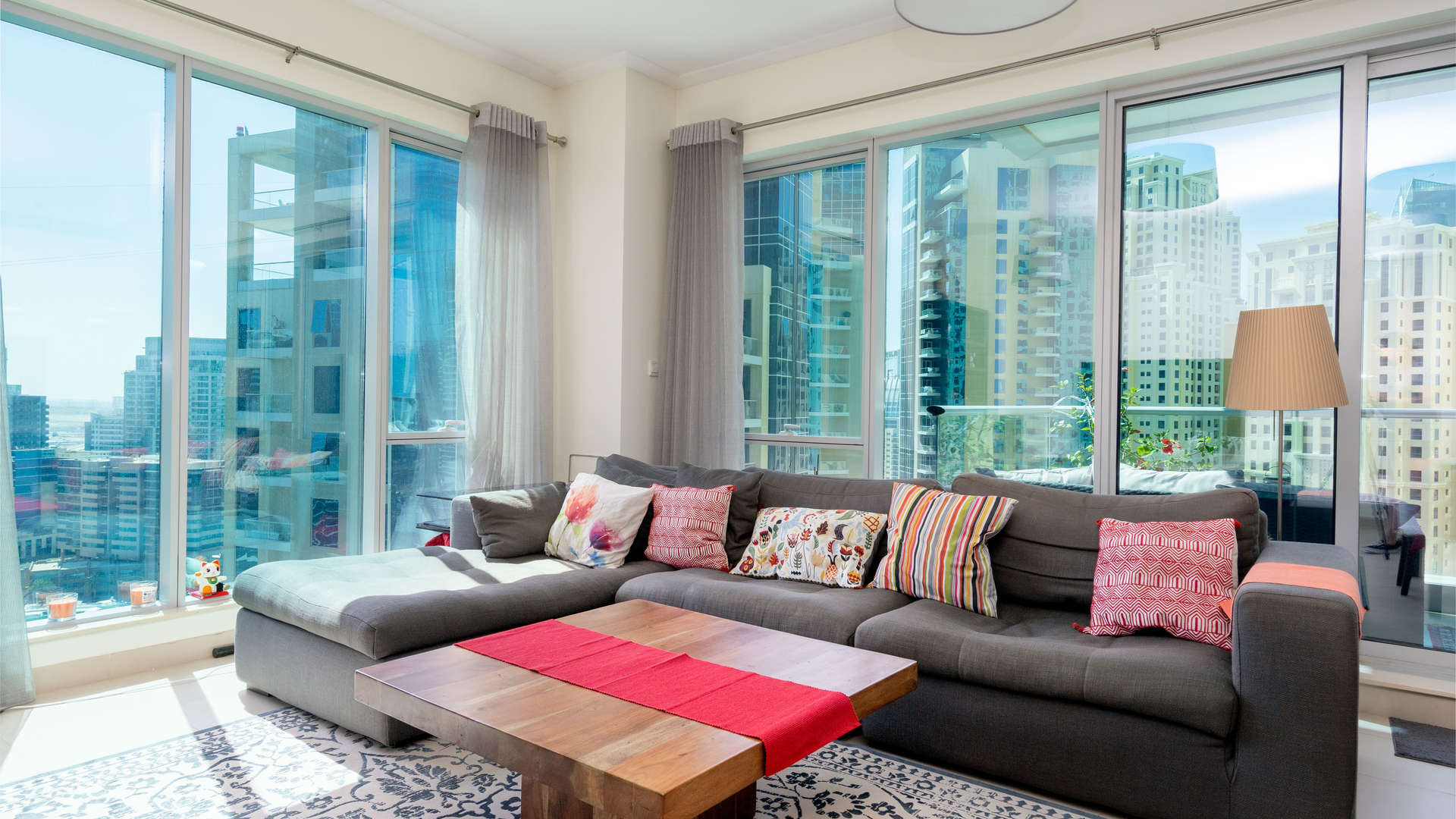 Luxurious living room with marina view in Attessa Tower, Dubai Marina apartment for sale