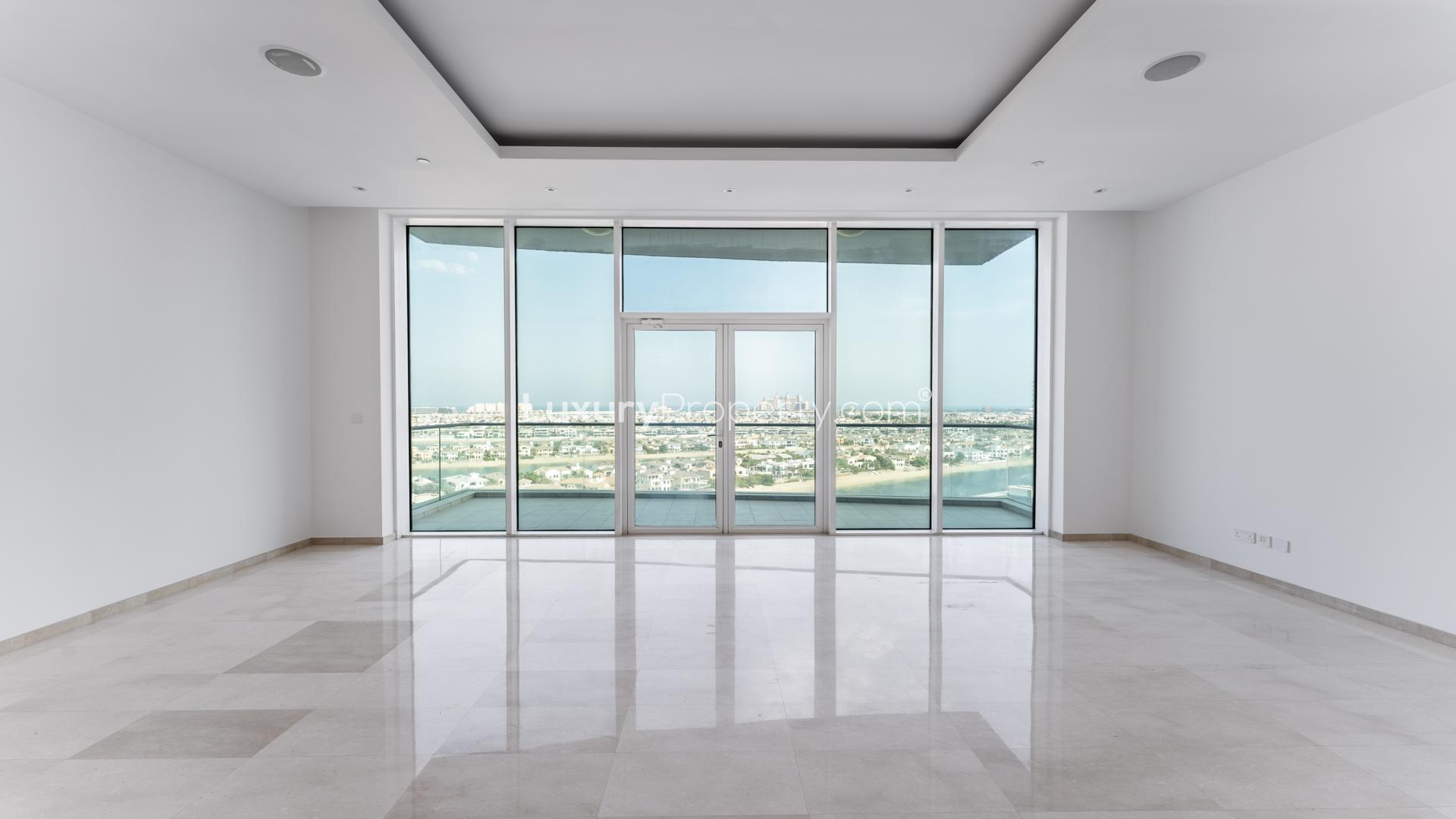 Balcony view from 2-bed apartment in Oceana, Palm Jumeirah, overlooking marina and Atlantis