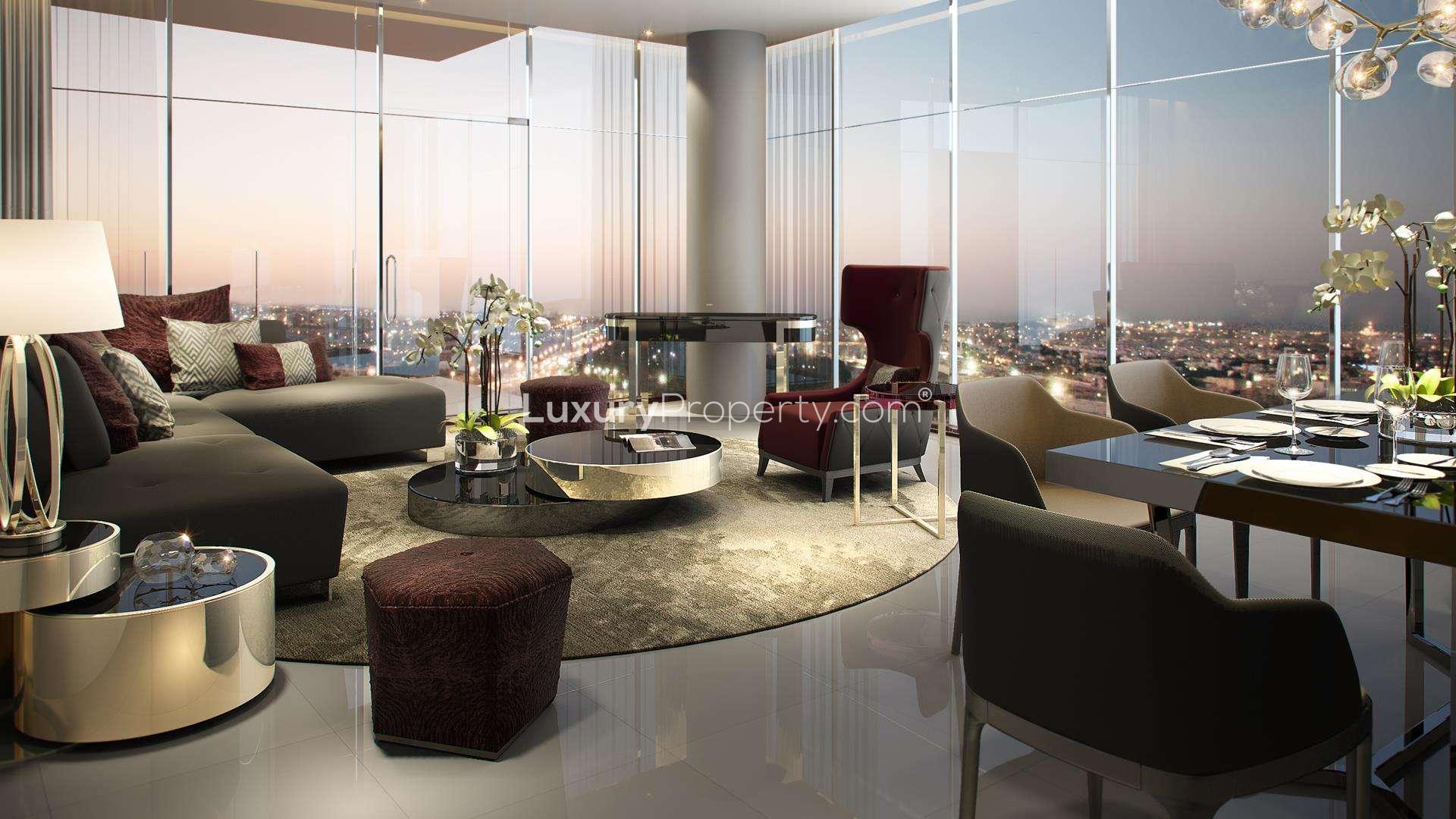 Luxurious lobby in Aykon City apartment, Business Bay, with modern decor and city view