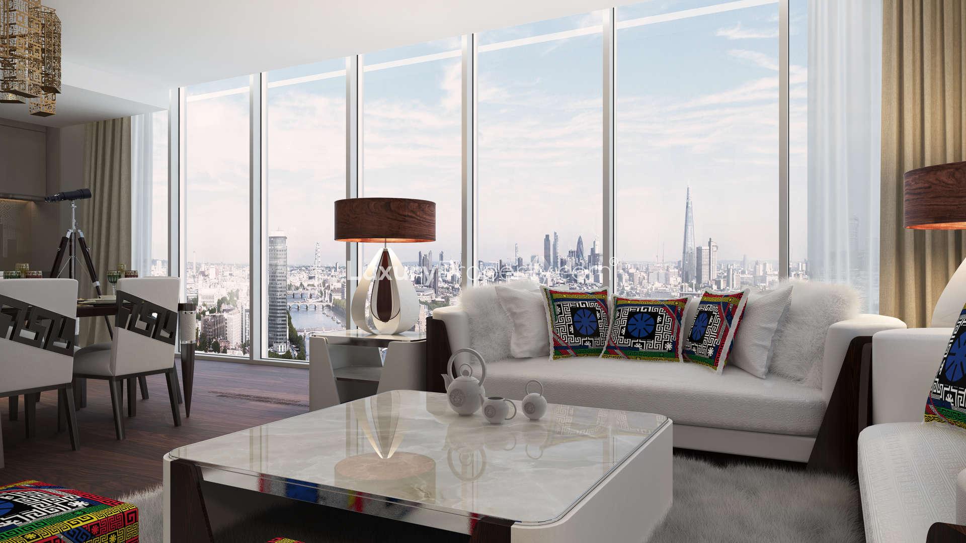 Luxurious dining area with skyline view in Aykon Nine Elms apartment, London