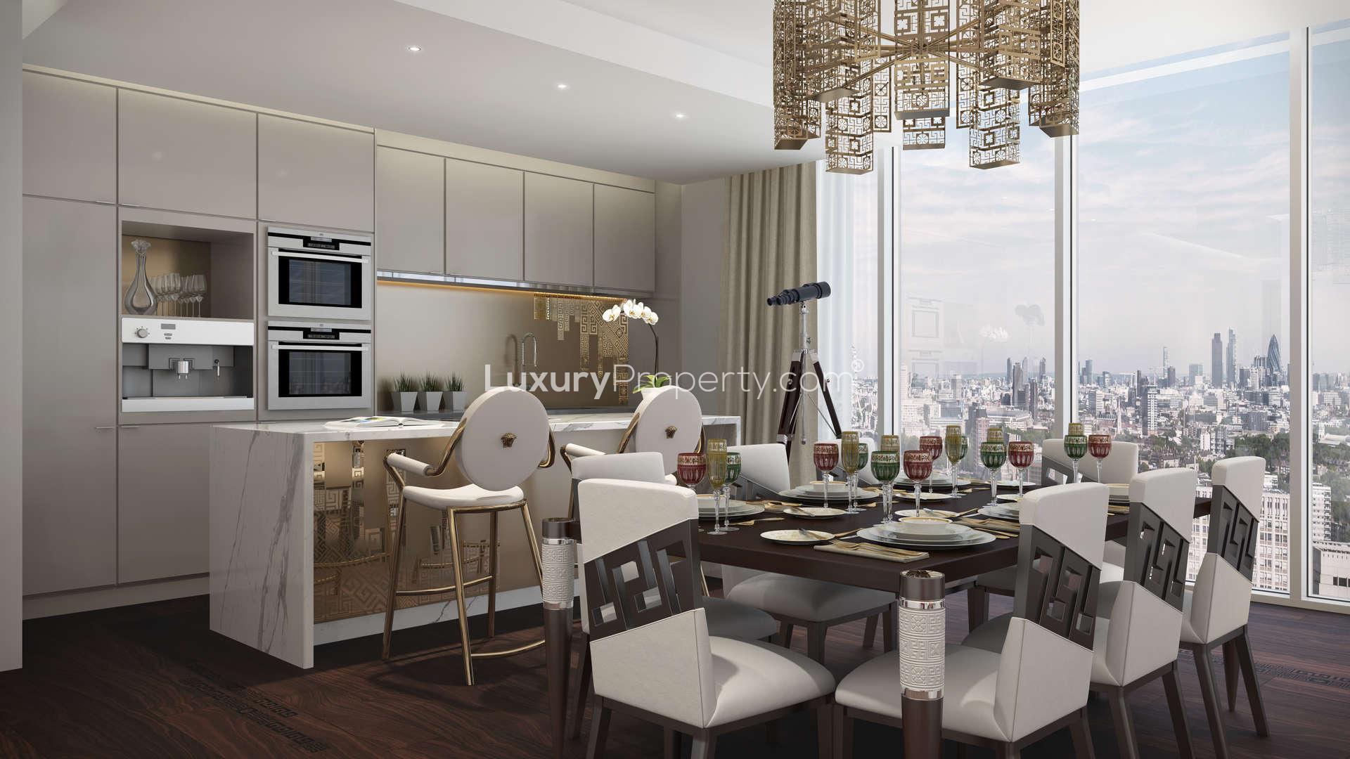 Rooftop terrace view from Aykon Nine Elms apartment overlooking River Thames, London