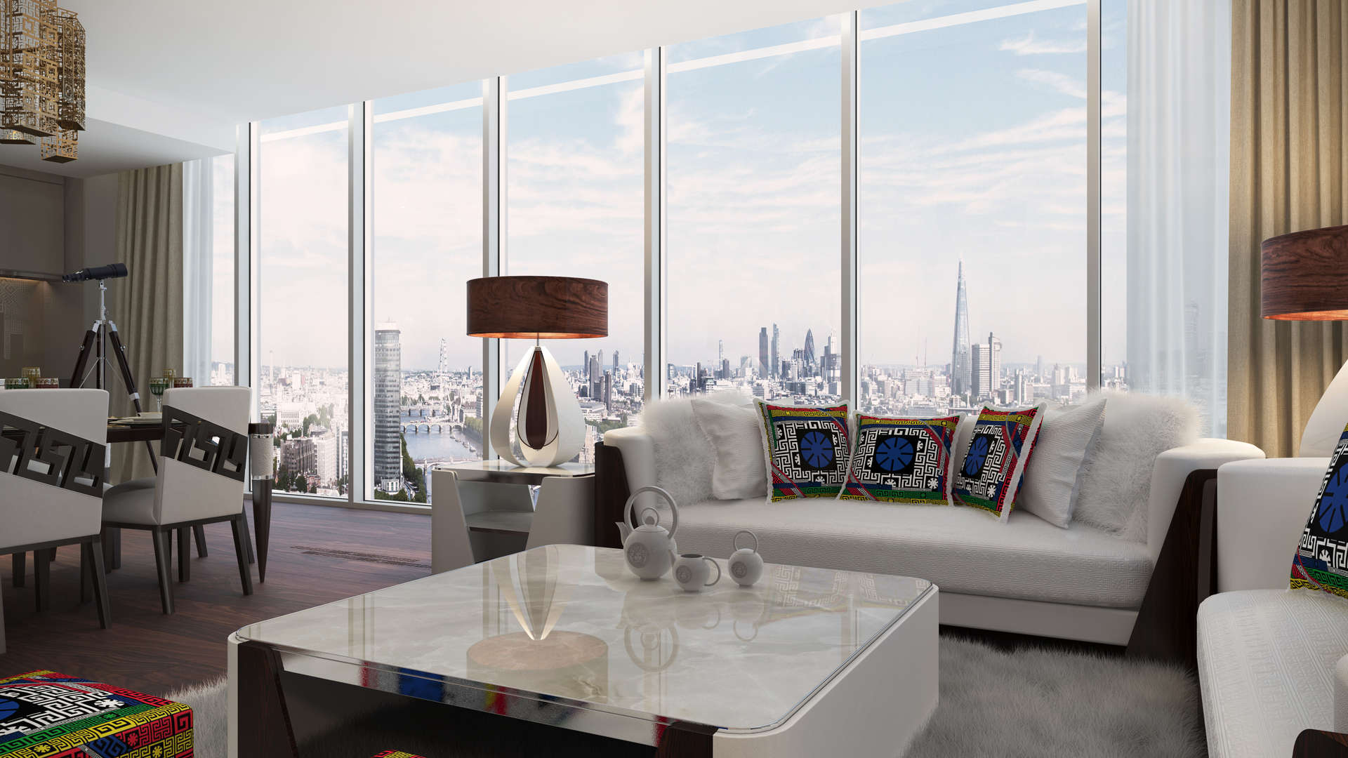 Luxurious living room in Nine Elms apartment with panoramic London city views