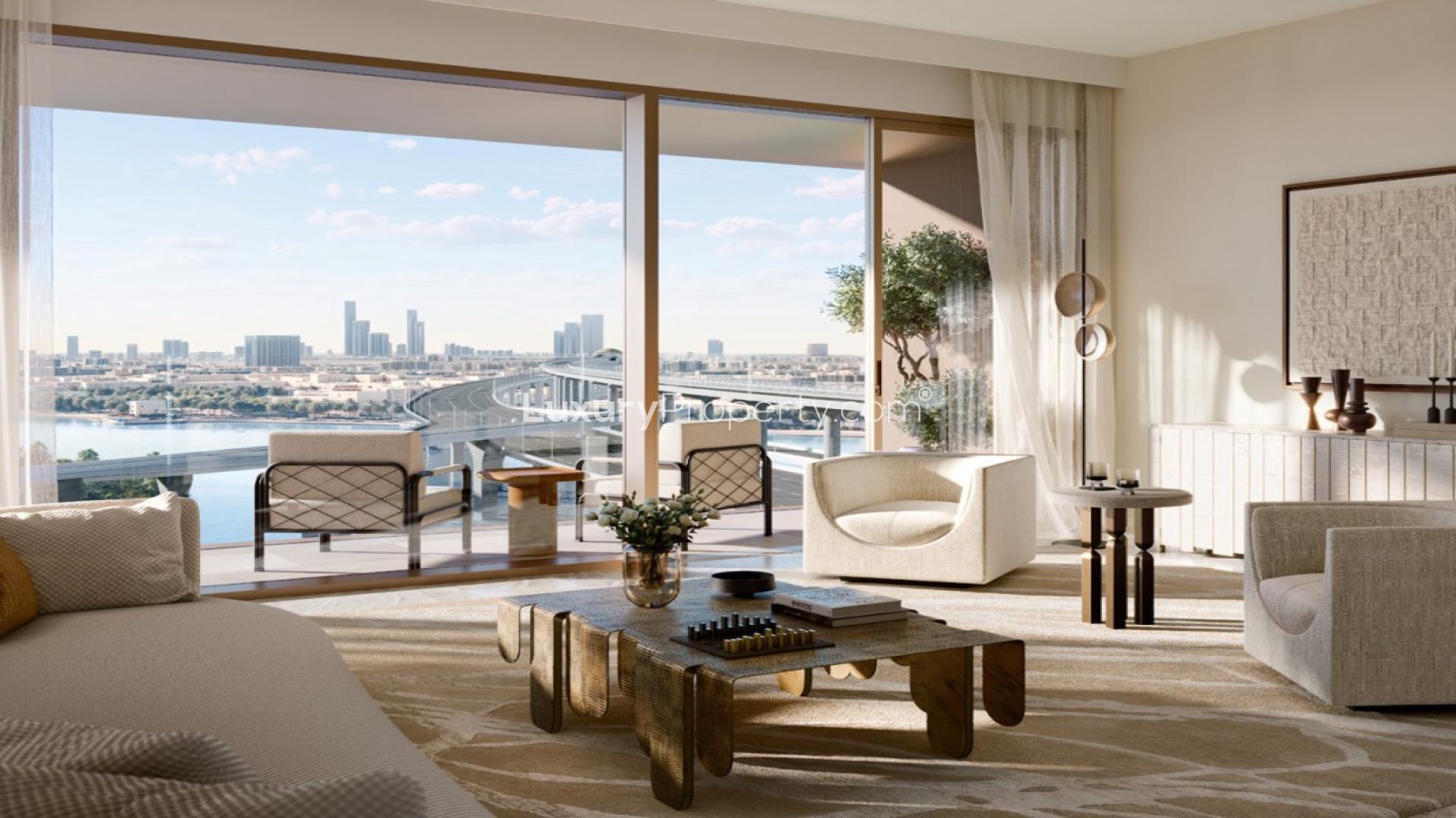 Luxurious apartment balcony view, Dubai Creek Harbour, Palace Residences, overlooking water and skyline