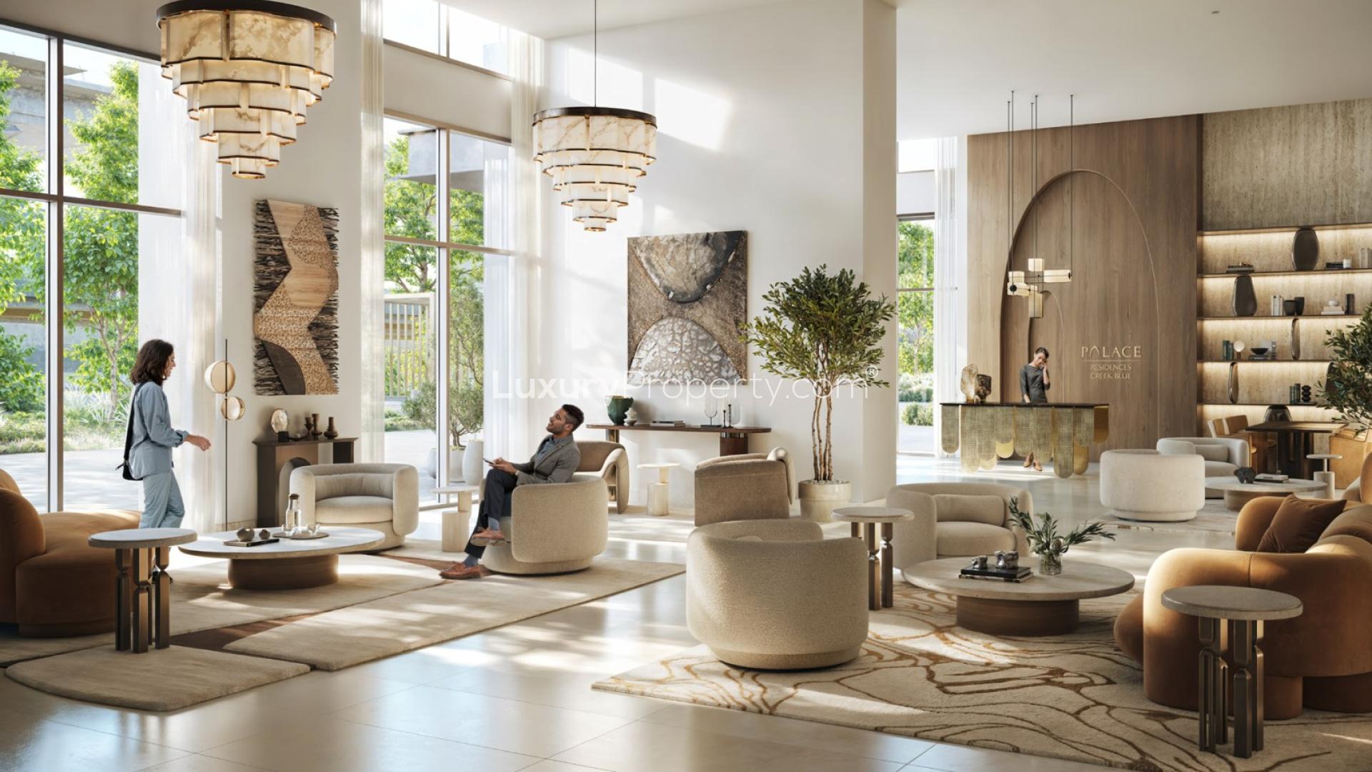 Luxurious apartment balcony view, Dubai Creek Harbour, Palace Residences, overlooking water and skyline