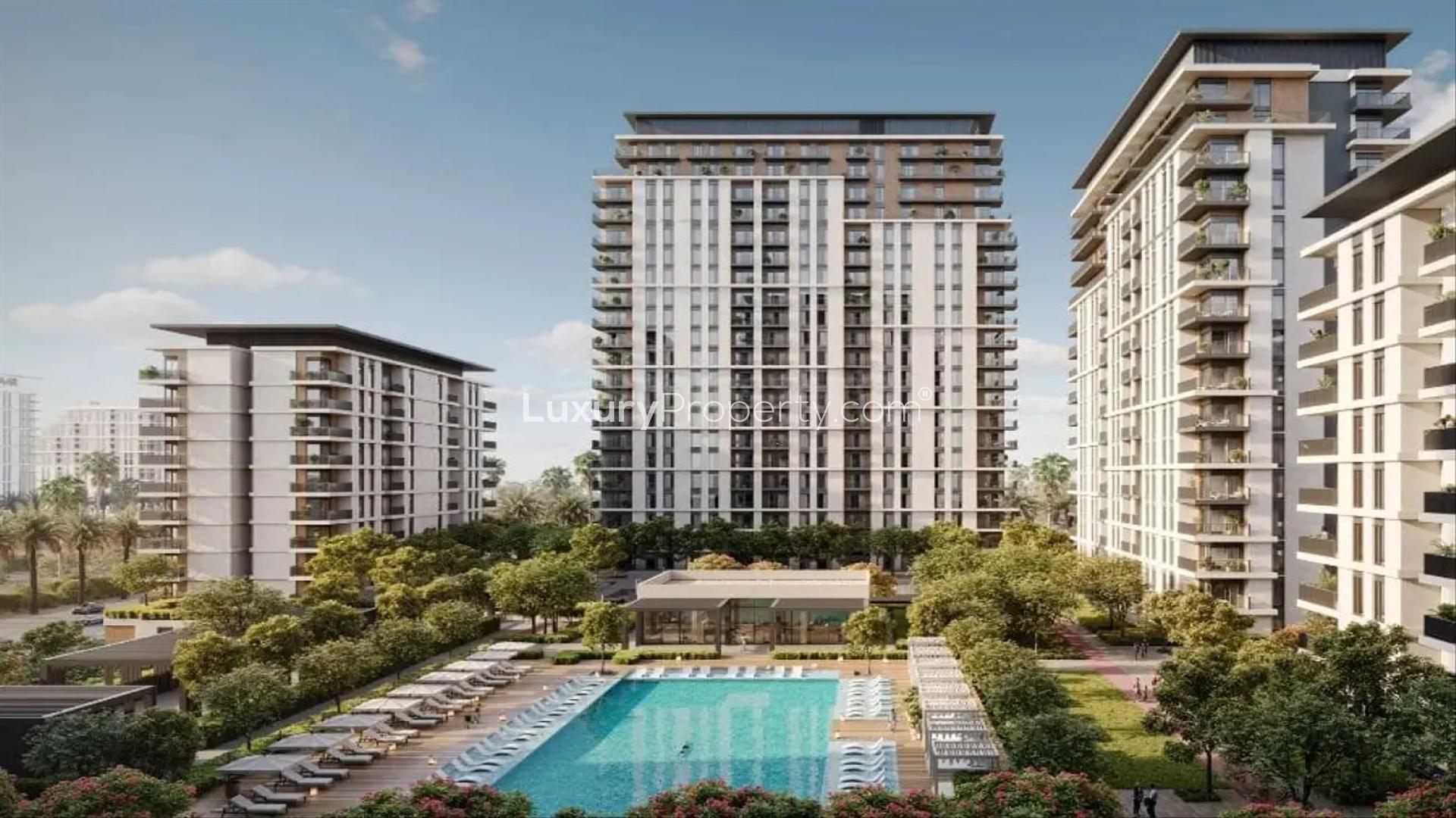 Modern apartment view in Dubai Hills Estate, Park Lane, with pool and green spaces