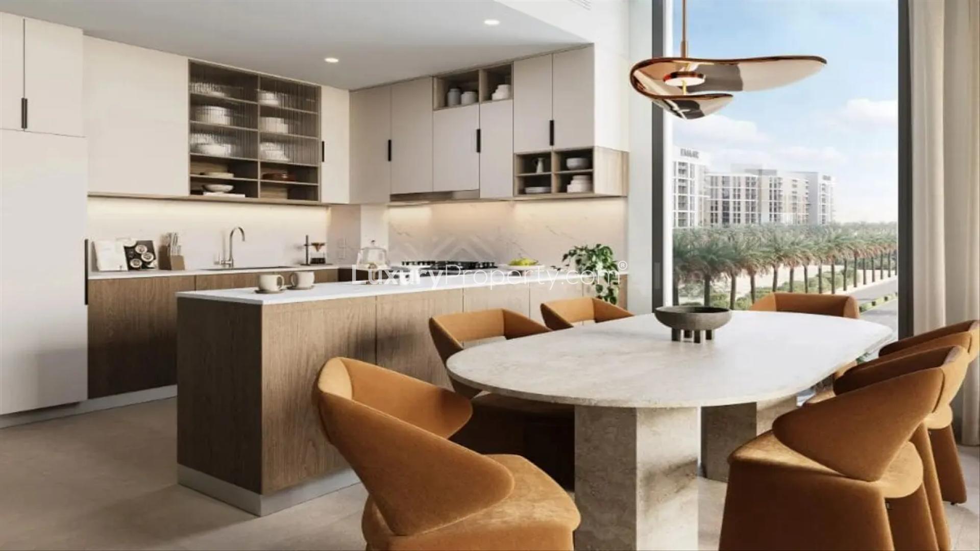 Modern dining area in Park Lane Dubai Hills apartment, featuring stylish furniture and natural light