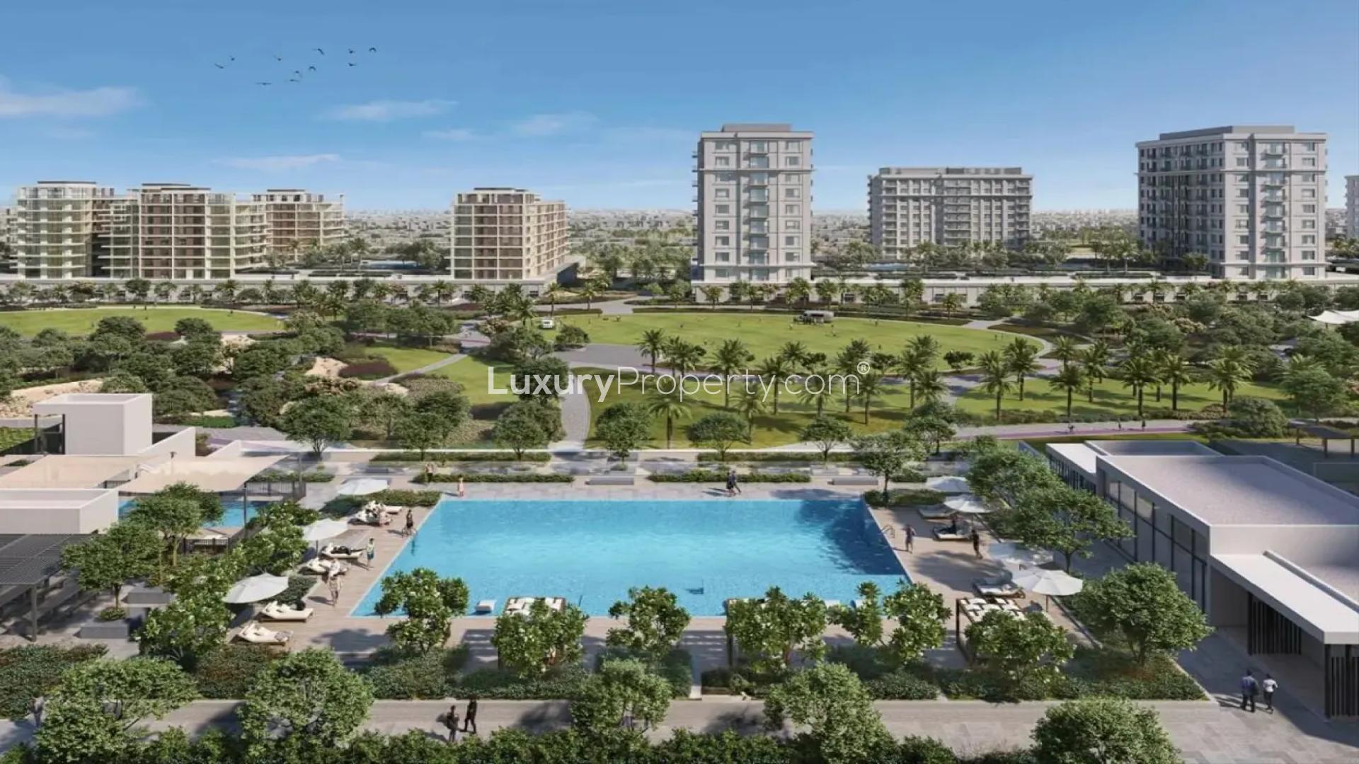 Dubai Hills Estate apartment buildings with pool and greenery in Park Lane community