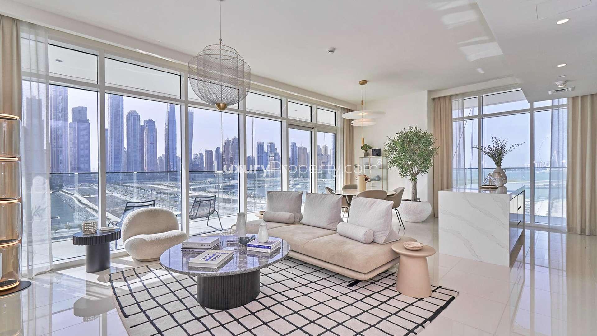 Stunning Dubai Harbour apartment interior with sea view, modern decor, and natural light