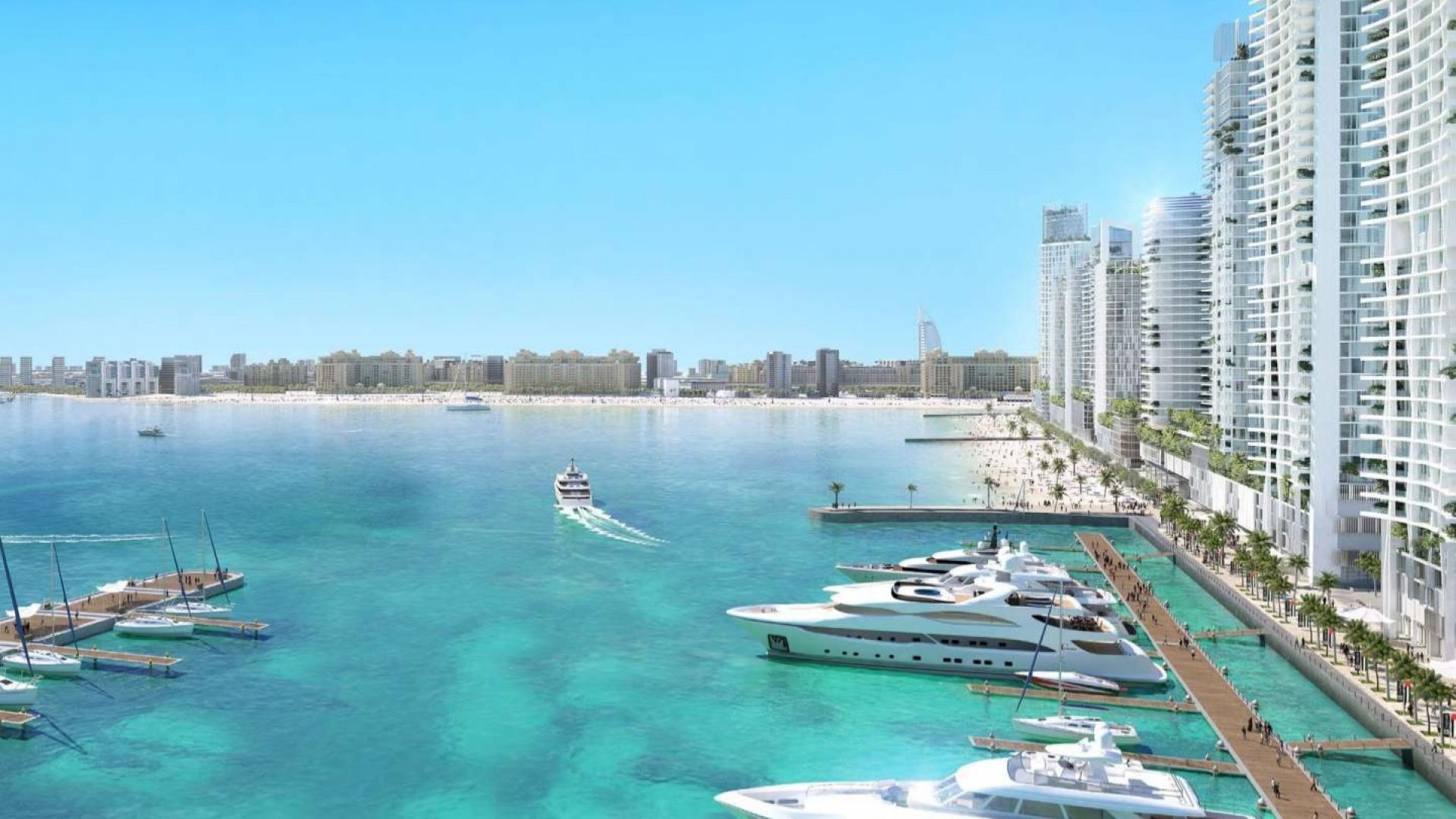 Emaar Beachfront apartment view with yachts and beach, Dubai Harbour, two-bedroom for sale