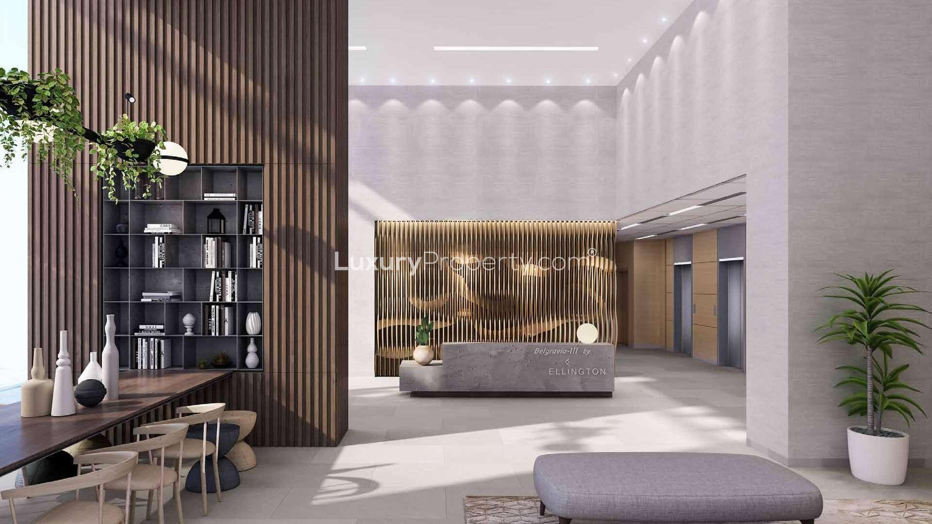 Luxurious outdoor pool area at Belgravia III apartment, Jumeirah Village Circle, Dubai