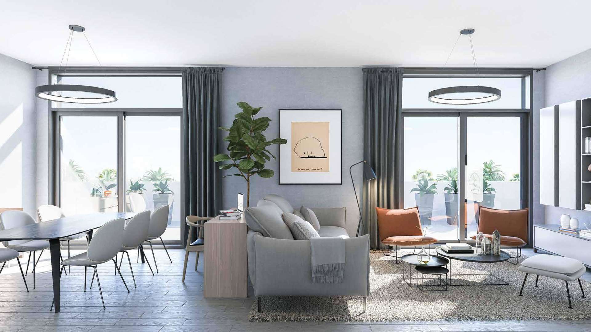 Modern living room in Belgravia III apartment, Jumeirah Village Circle, with large windows and seating
