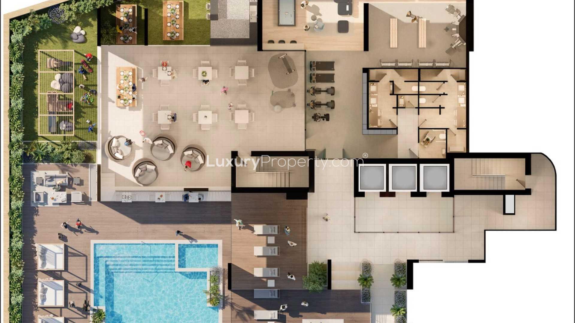 Luxurious pool area at Belgravia Heights apartment, Jumeirah Village Circle, Dubai