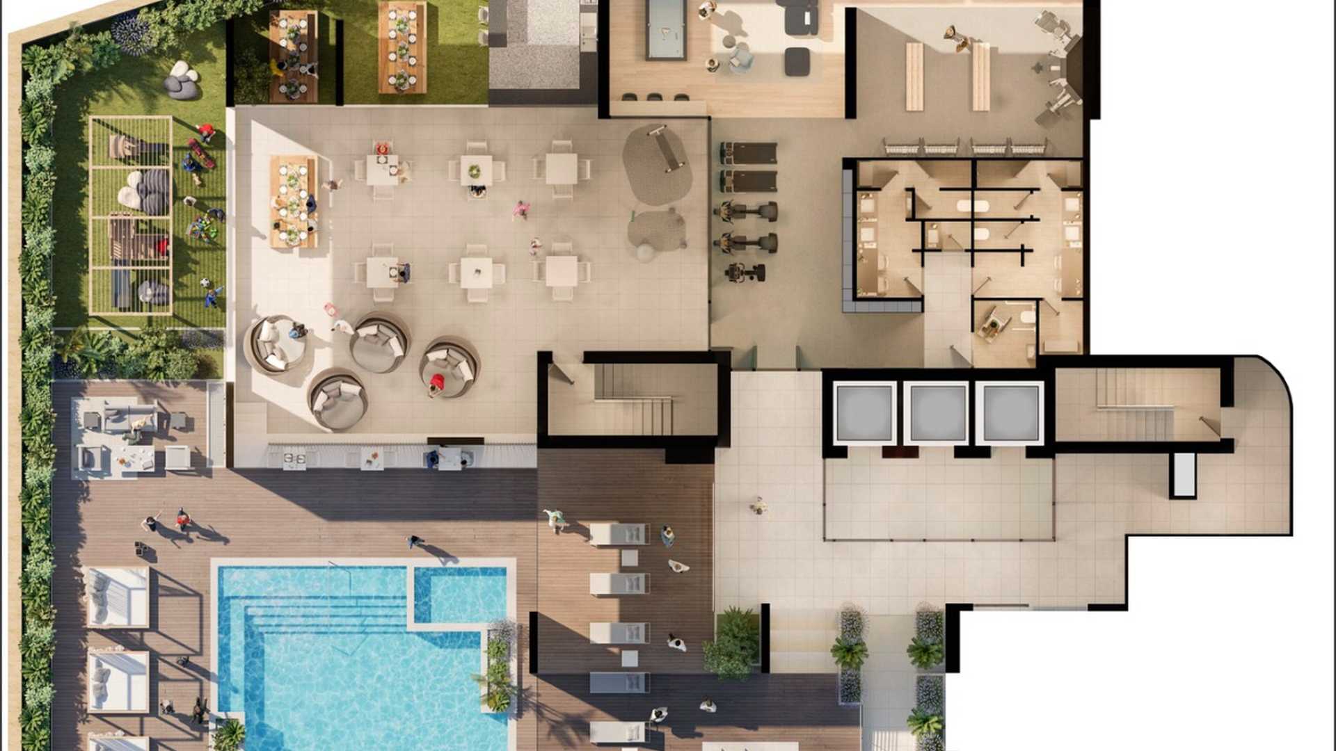 Luxurious pool area at Belgravia Heights apartment, Jumeirah Village Circle, Dubai