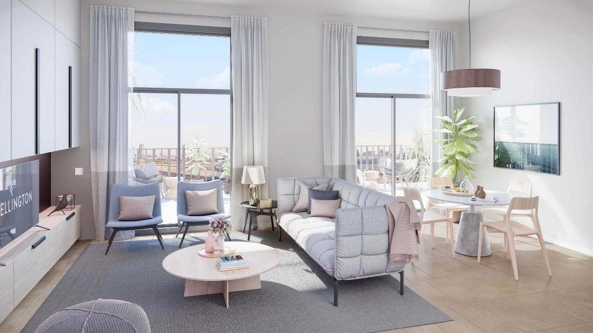 "Modern apartment exterior view, Belgravia Heights I, Jumeirah Village Circle, Dubai skyline backdrop.",Modern living room in Belgravia Heights I apartment, JVC, with stylish furniture and decor