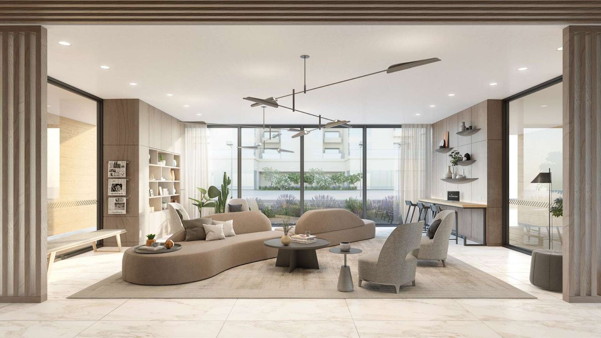 Elegant living room with garden view in Belgravia Heights II, JVC Dubai apartment