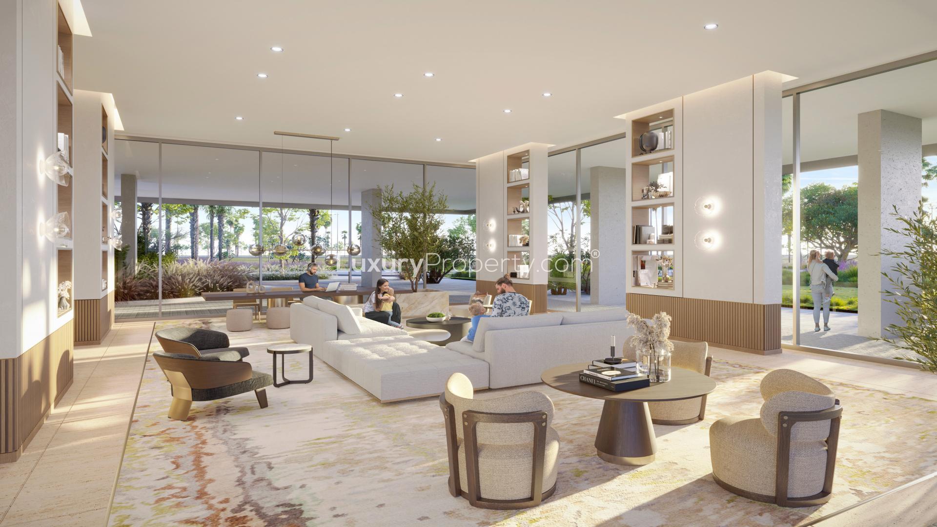 Contemporary open-plan living area in Meydan apartment with city views and modern furnishings