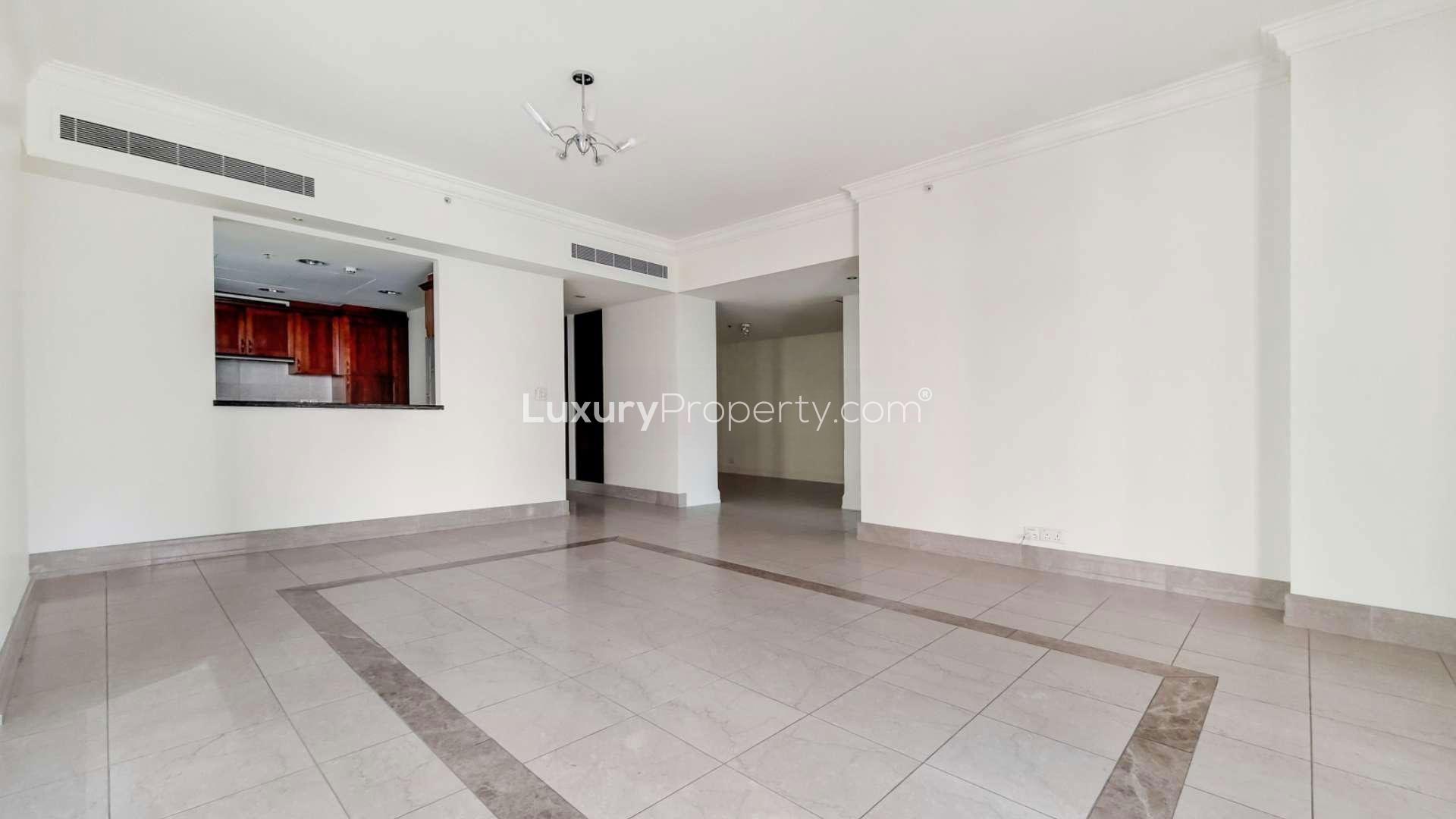 Spacious living room with marina view in Al Mesk Tower, Dubai Marina apartment