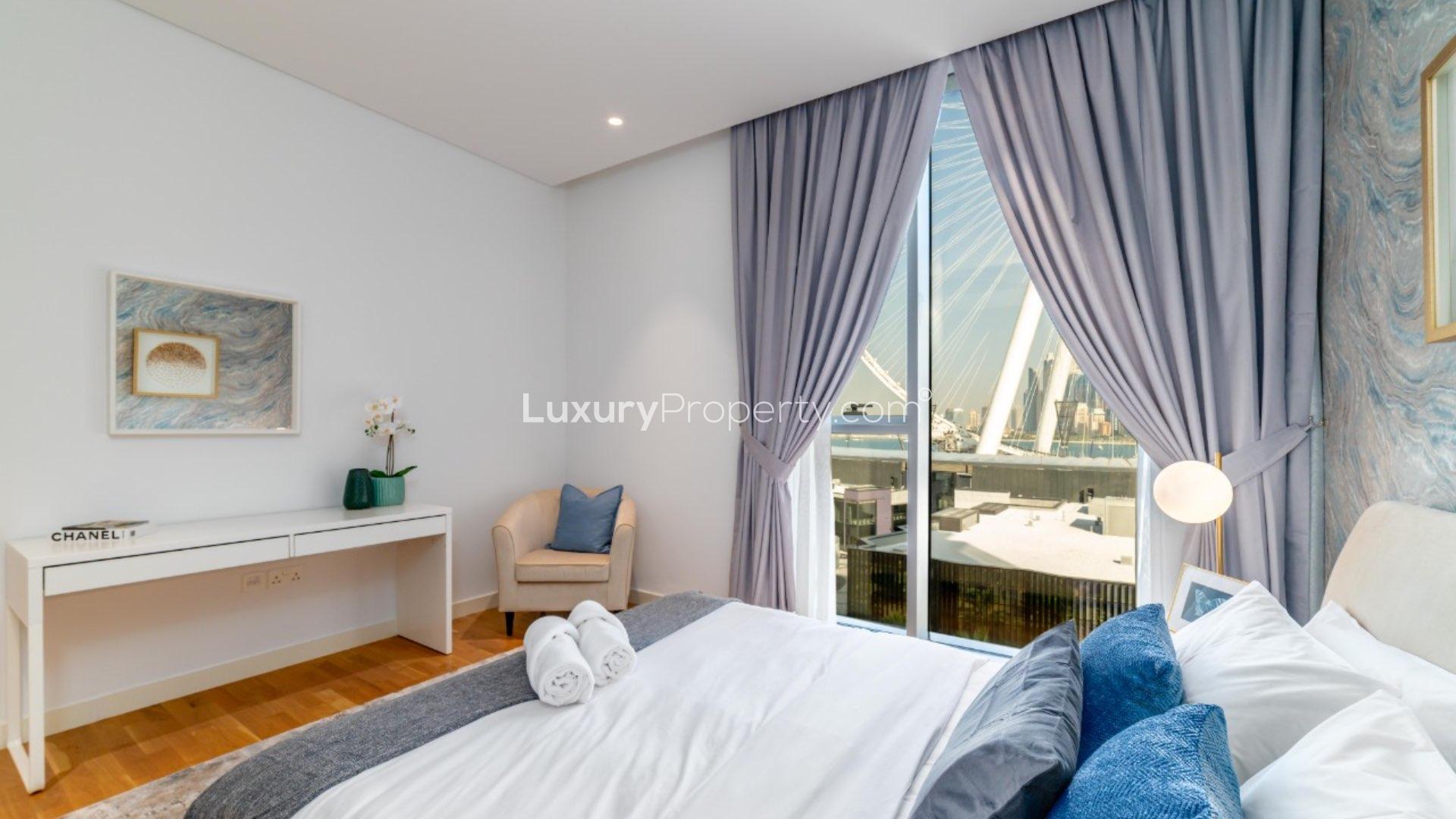 N/A,Bright bedroom with waterfront view in Bluewaters Residence apartment, featuring modern decor and furnishings