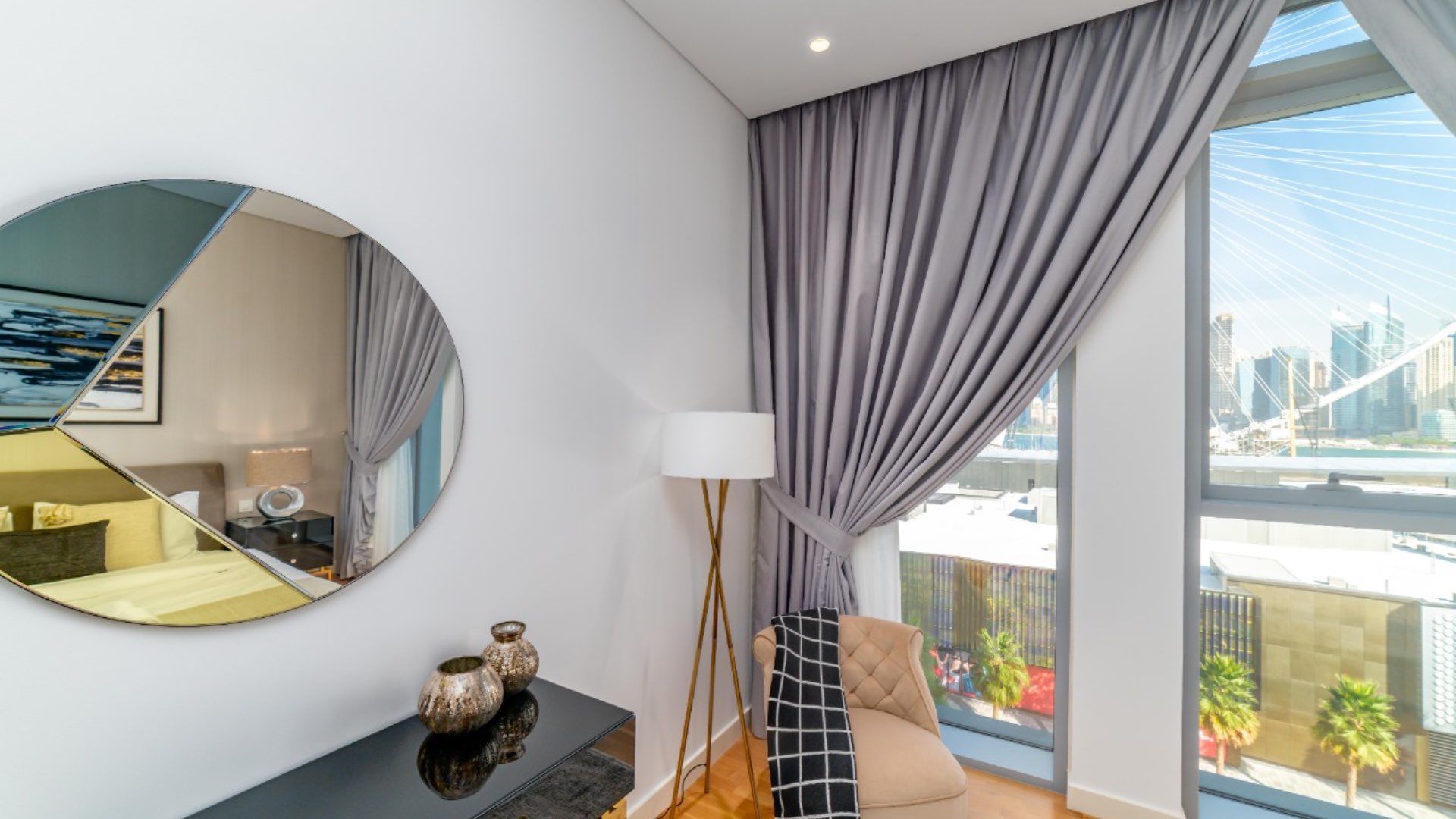 Luxurious living room in 2-bedroom waterfront apartment, Bluewaters Residence, modern decor and views