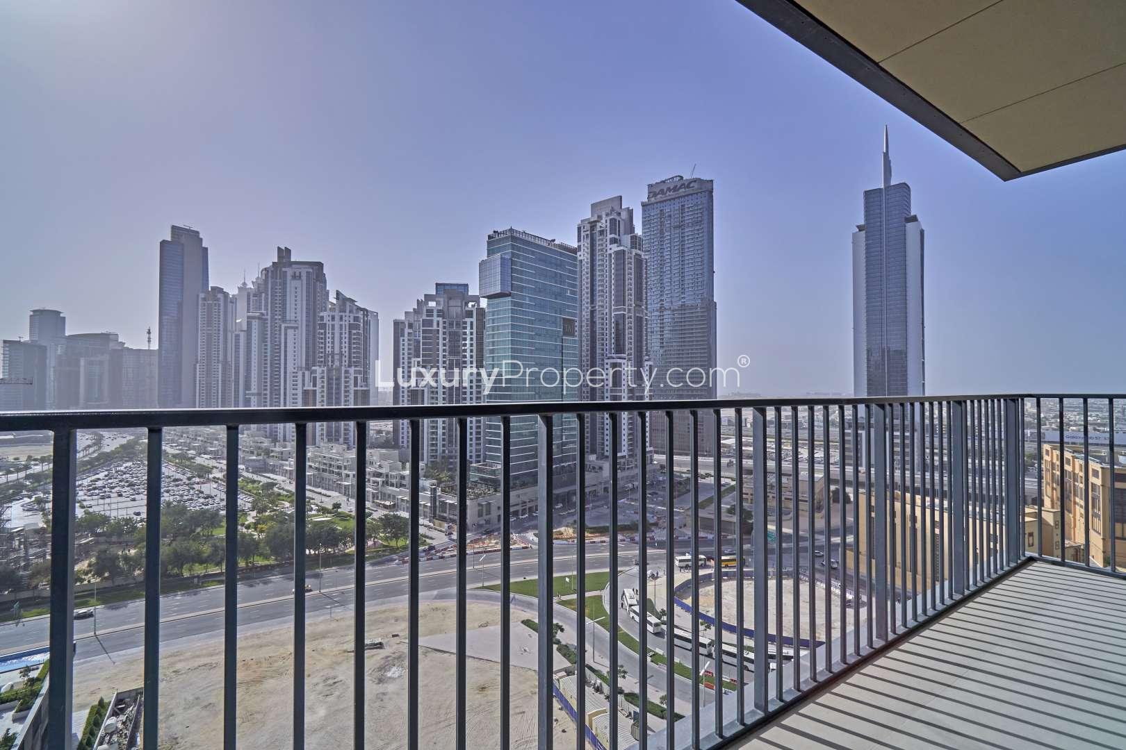 Balcony view from BLVD Heights apartment overlooking Downtown Dubai skyline