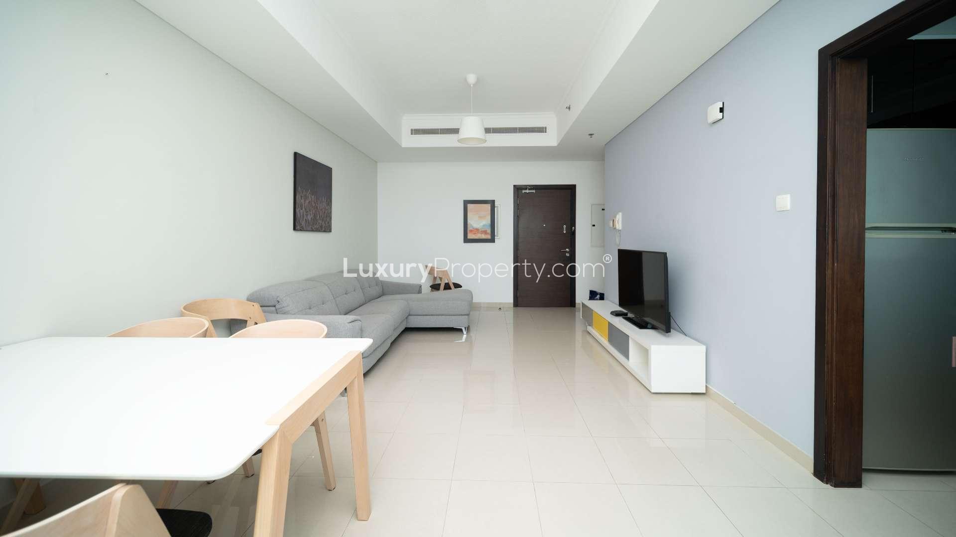 Modern living room in fully furnished Dubai Marina apartment, Botanica Tower, with sea views