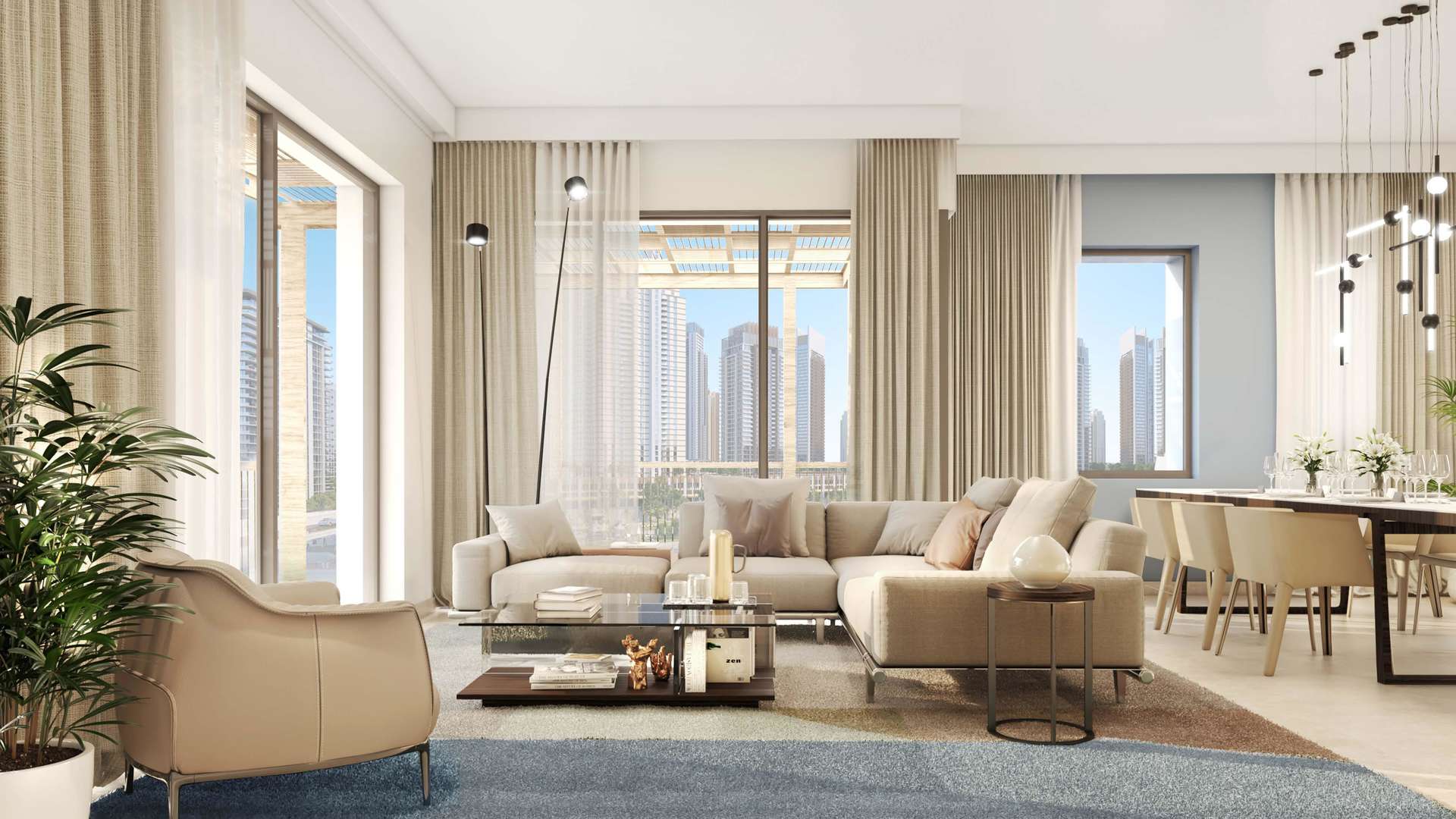 Luxury living room in 2-bedroom apartment, Breeze at Dubai Creek Beach, modern decor, spacious design