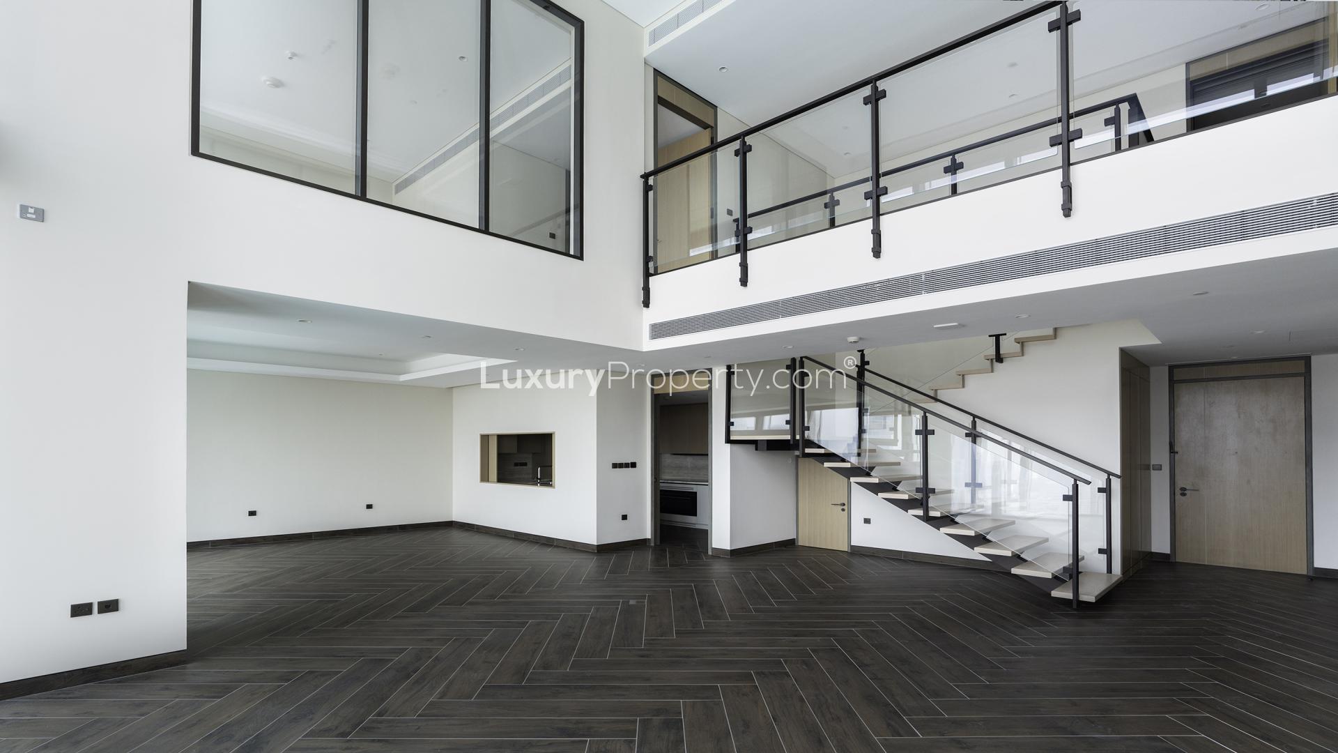 Modern interior of Za’abeel Residences apartment, featuring sleek staircase and stylish design