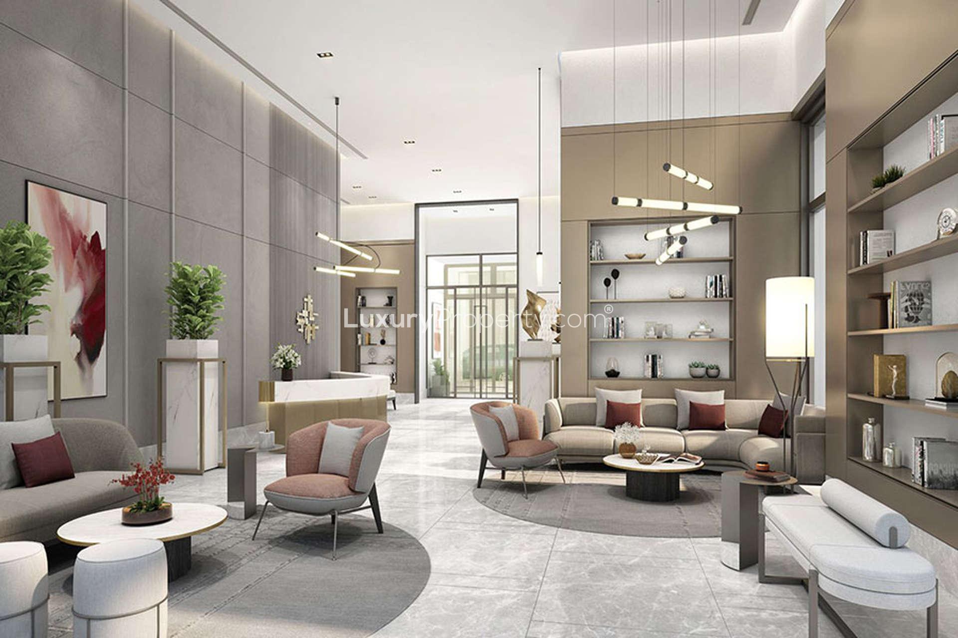 "Stunning skyline view of Downtown Dubai, featuring Burj Crown apartment for sale.",Modern living room in Downtown Dubai Burj Crown apartment, stylish decor with elegant furnishings