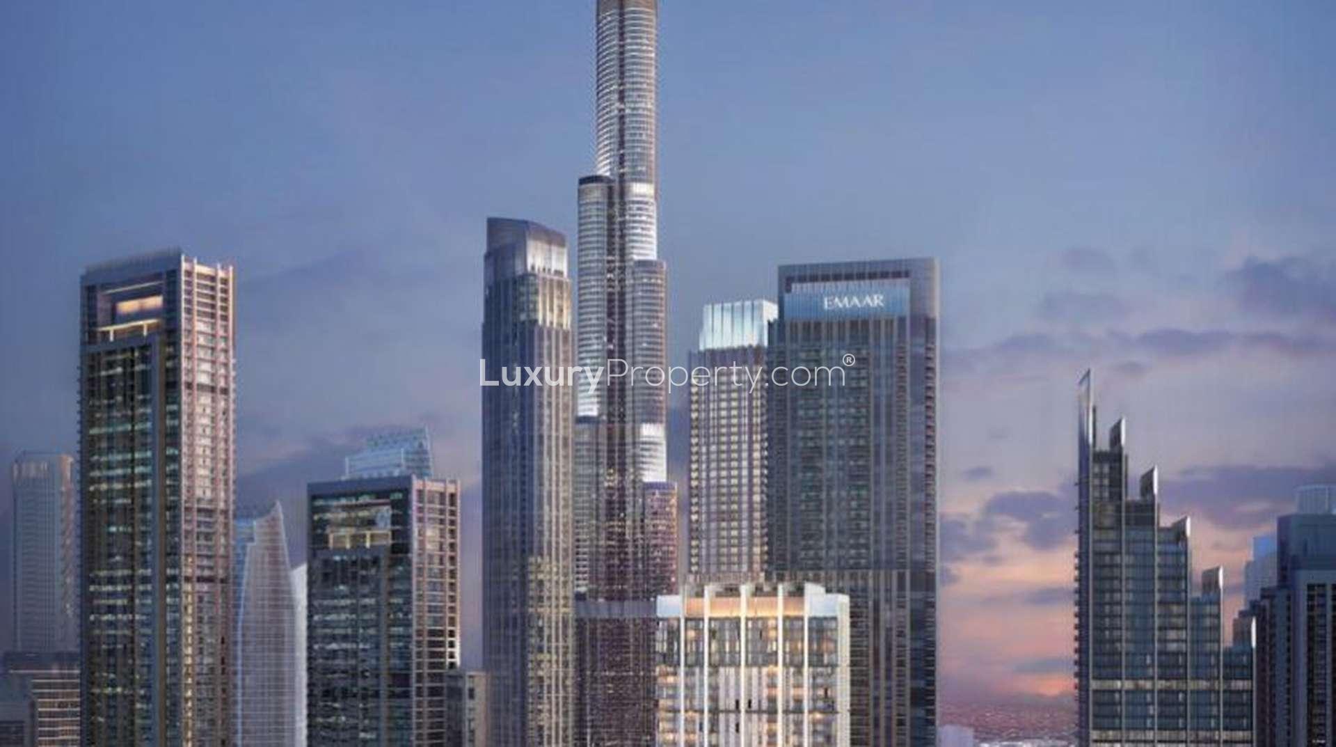 Contemporary living room in Burj Crown apartment, Downtown Dubai, with modern furnishings and city views