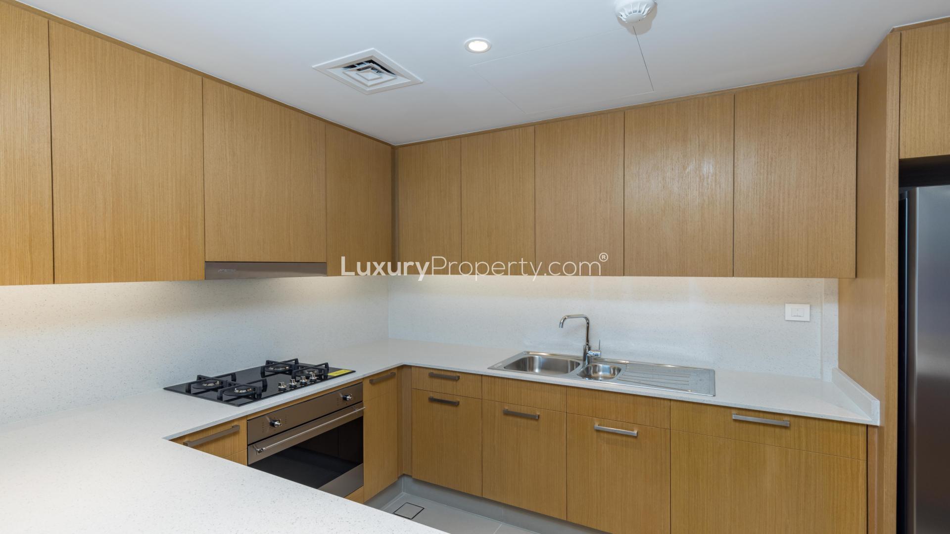Modern kitchen in brand new Downtown Dubai apartment, featuring sleek cabinetry and appliances