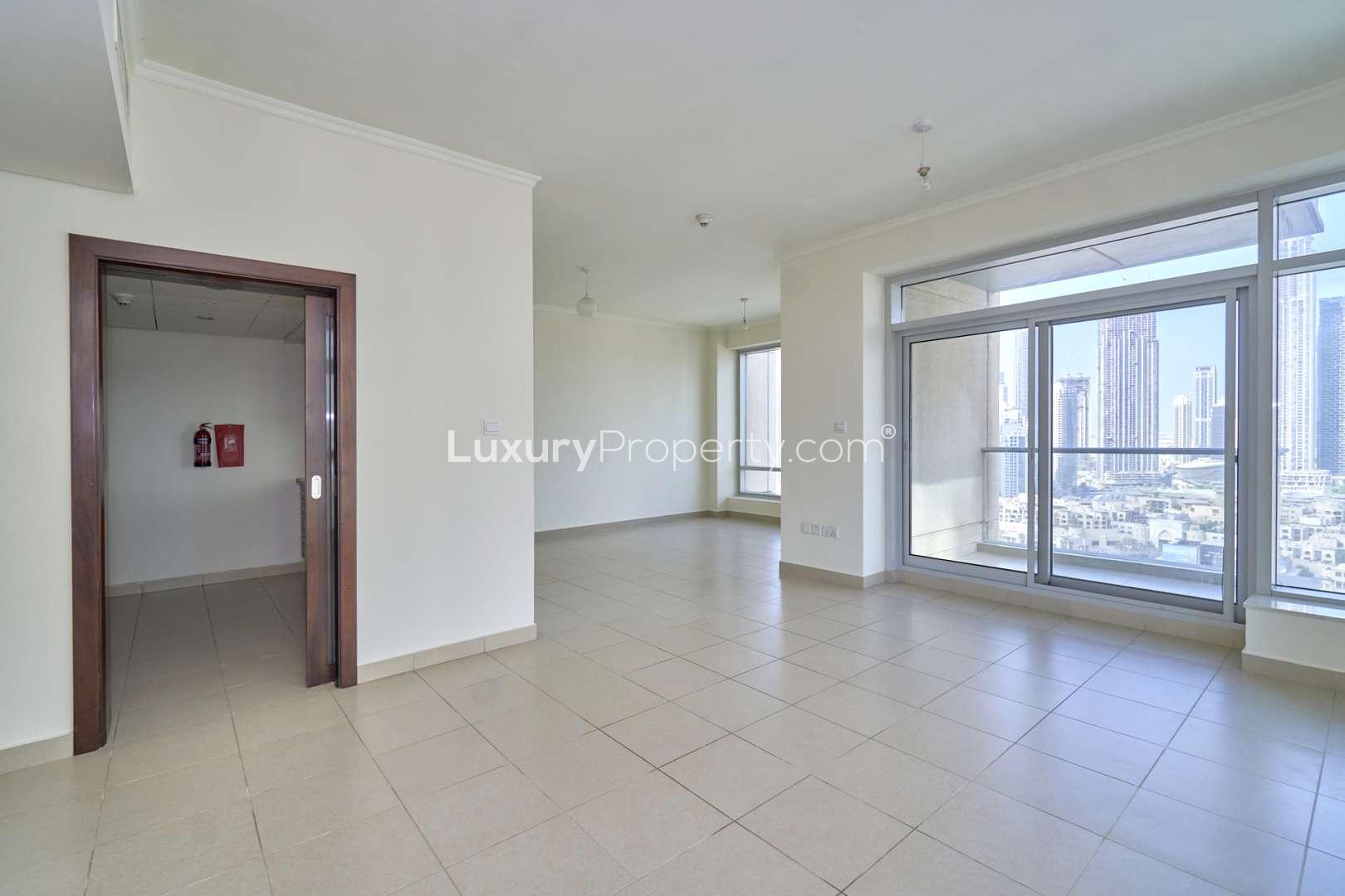 Luxurious bathroom with dual sinks in high-floor Burj Views apartment, Downtown Dubai