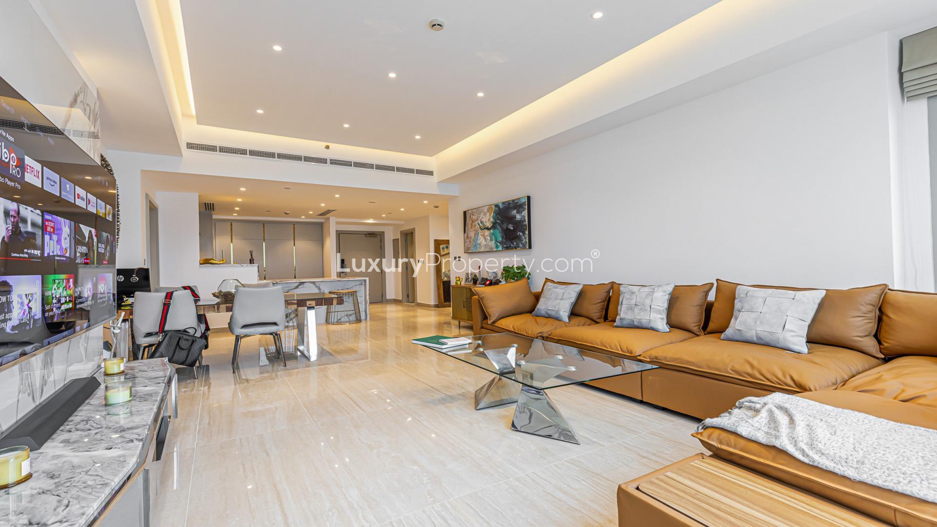 Brand new luxury furnished apartment living room with modern decor, Palm Jumeirah Marina Residences
