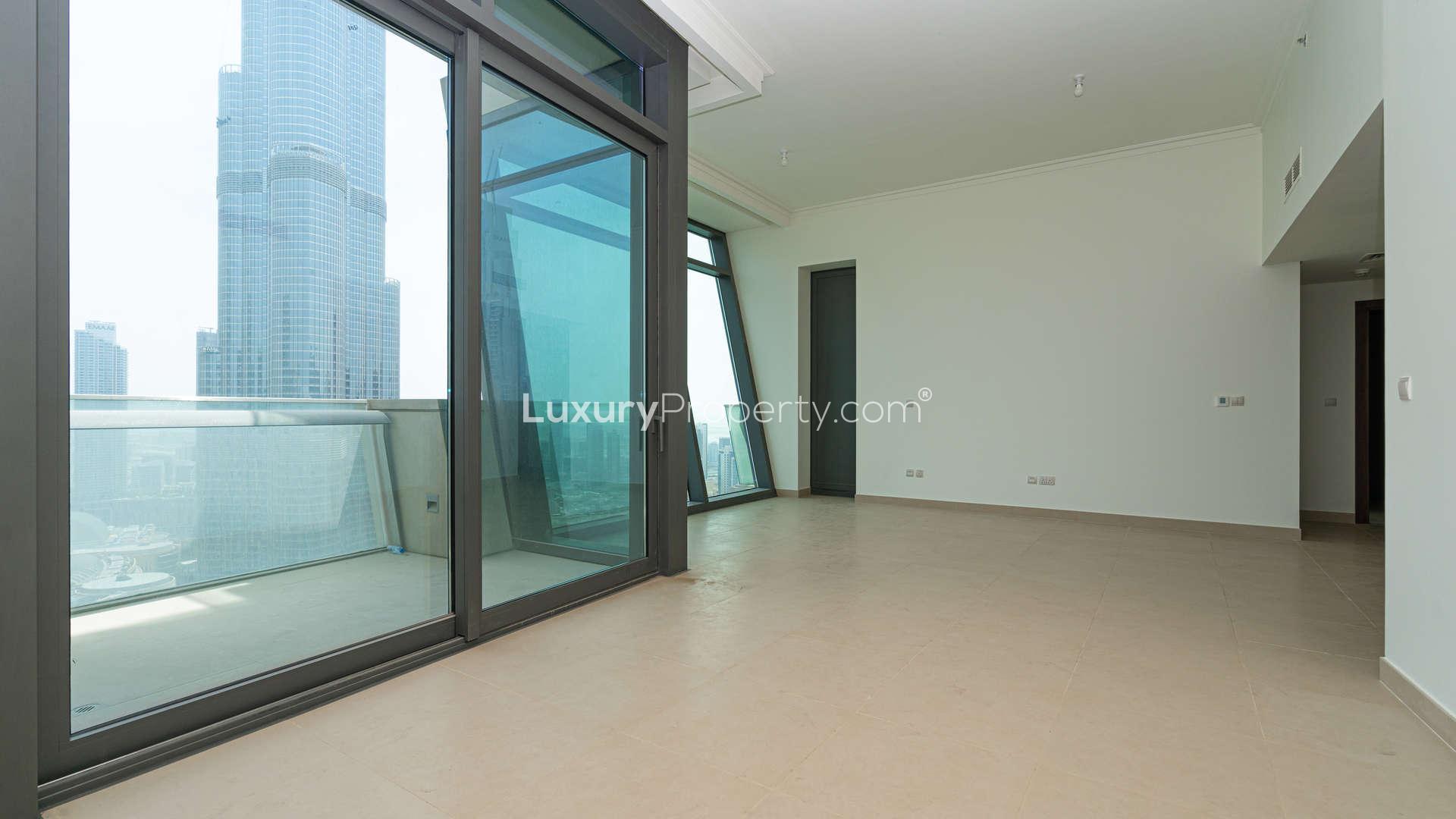 High-floor view from Burj Vista apartment, showcasing Downtown Dubai skyline and fountain