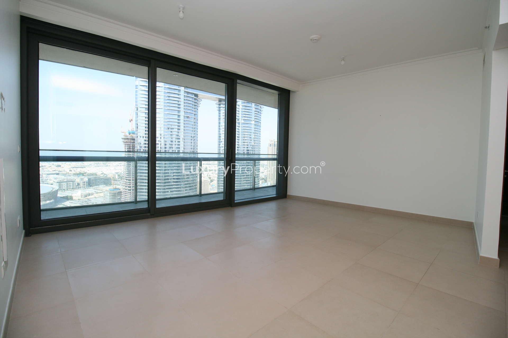 Spacious balcony view of Downtown Dubai skyline from Burj Vista apartment for sale