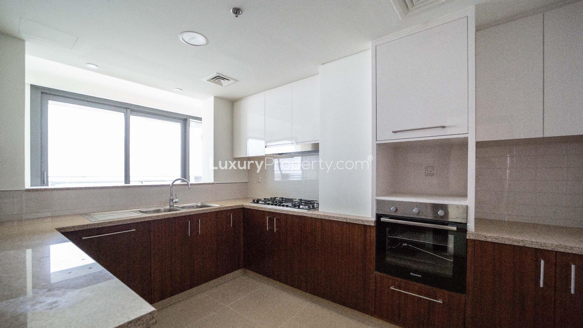 Modern kitchen in Burj Vista apartment, Downtown Dubai, with sleek cabinets and large window