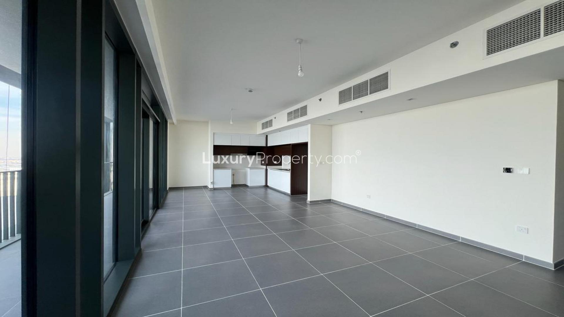 Luxury living room in 2-bedroom apartment, Dubai Creek Harbour, modern furniture, elegant decor