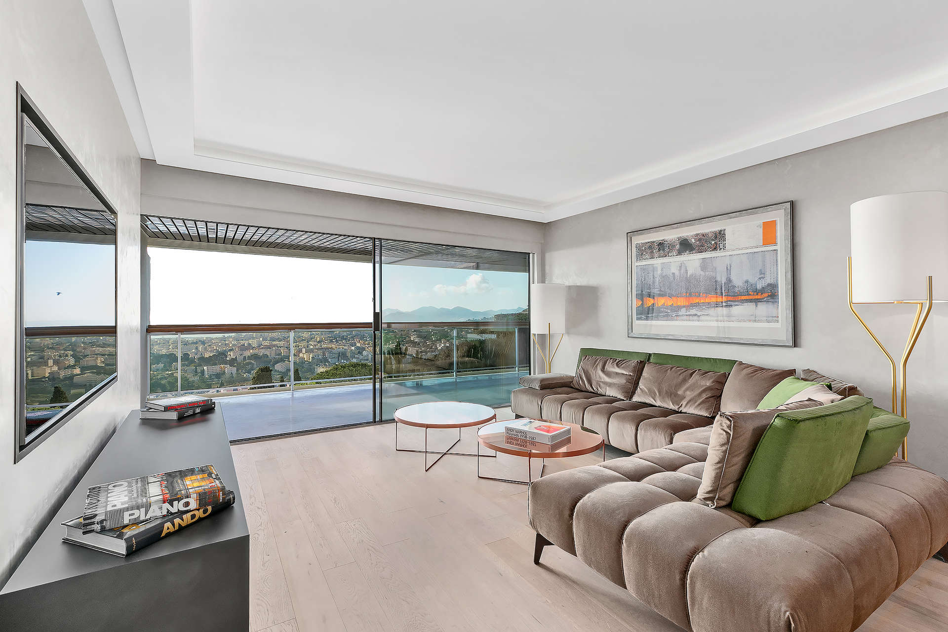 Chic Cannes Californie apartment interior with sea view, modern decor, glass dining table