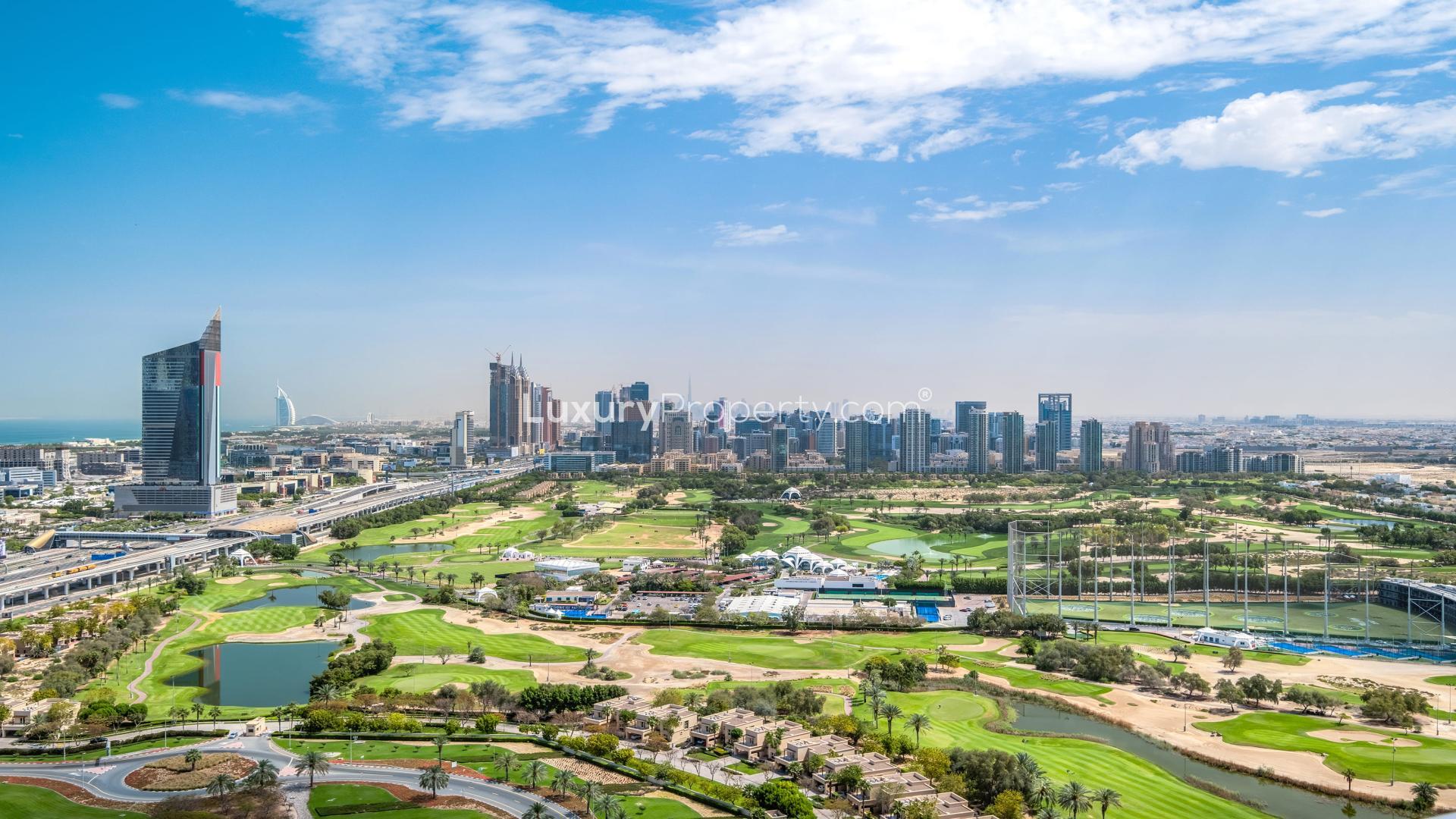 Luxurious living room in Jumeirah Lake Towers apartment with modern decor and open layout