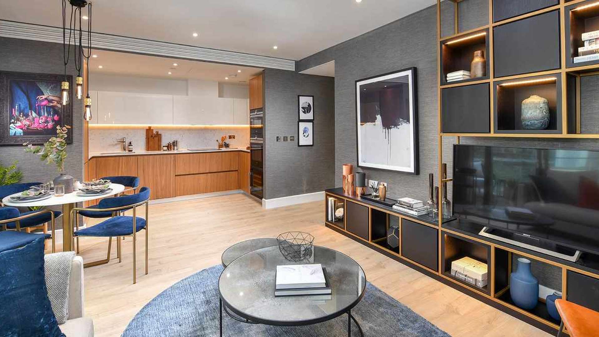 Modern living room in Cassia House apartment, Aldgate, with stylish decor and large windows