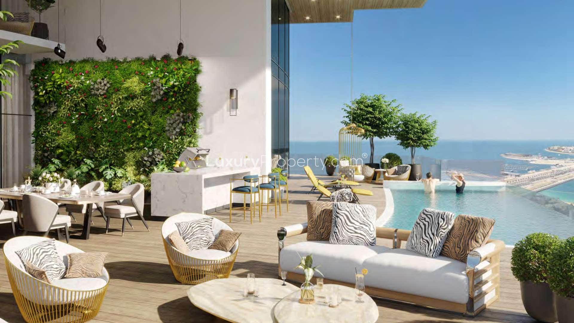 Luxurious Dubai Marina apartment terrace with private pool and panoramic sea view