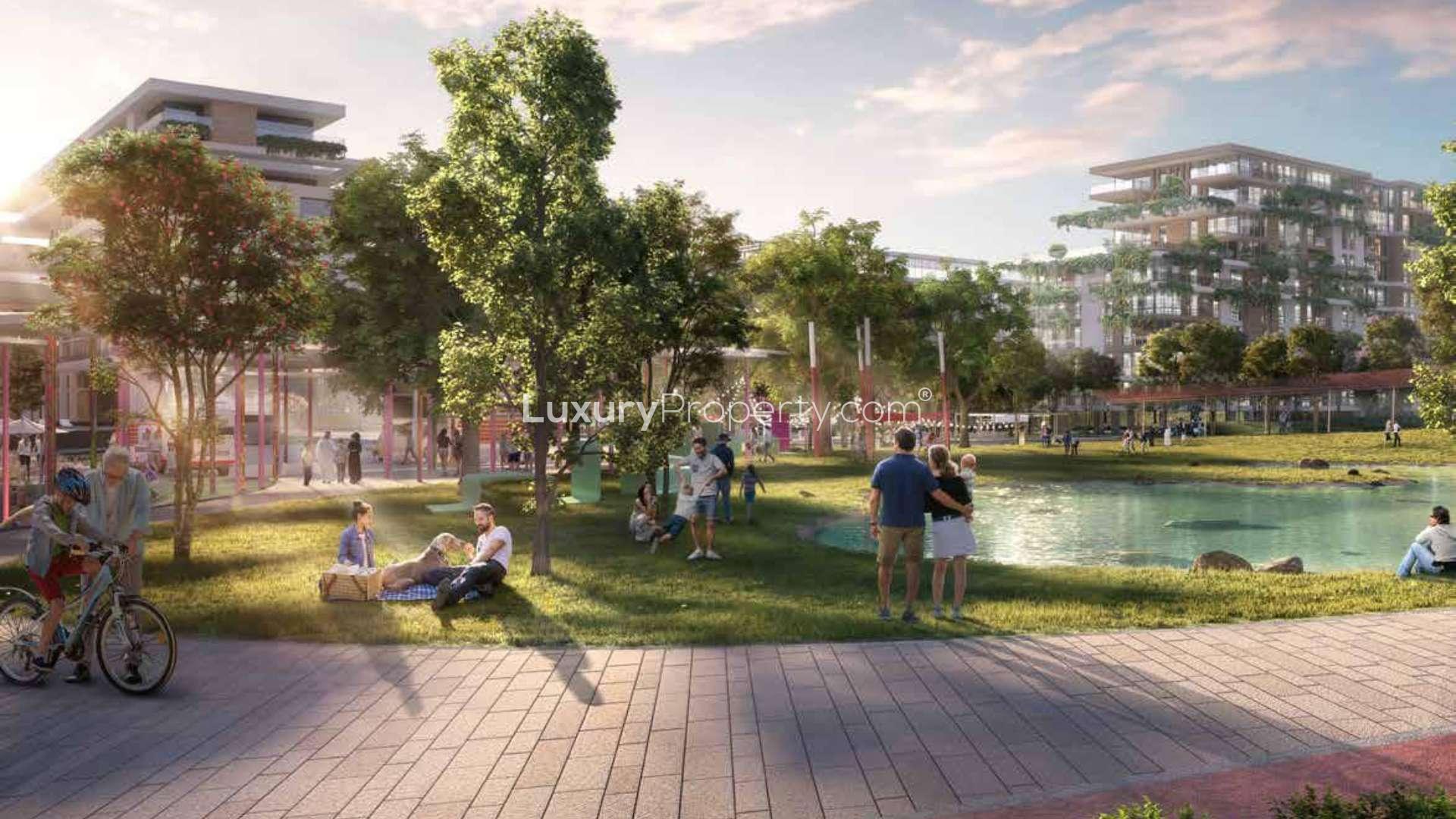 Contemporary 2-bedroom apartment interior with park view, modern furnishings, and stylish lighting fixtures