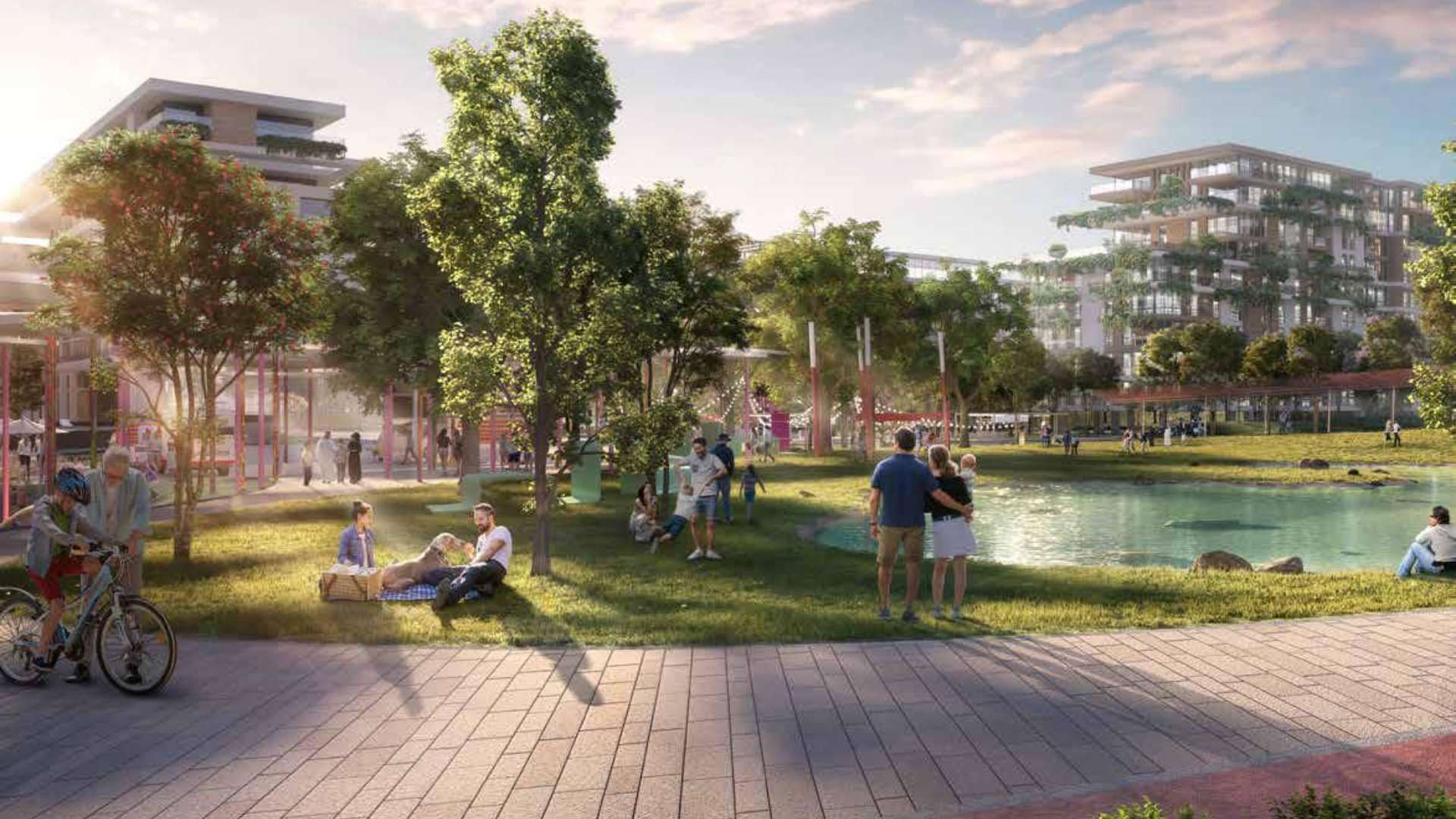 Contemporary 2-bedroom apartment interior with park view, modern furnishings, and stylish lighting fixtures